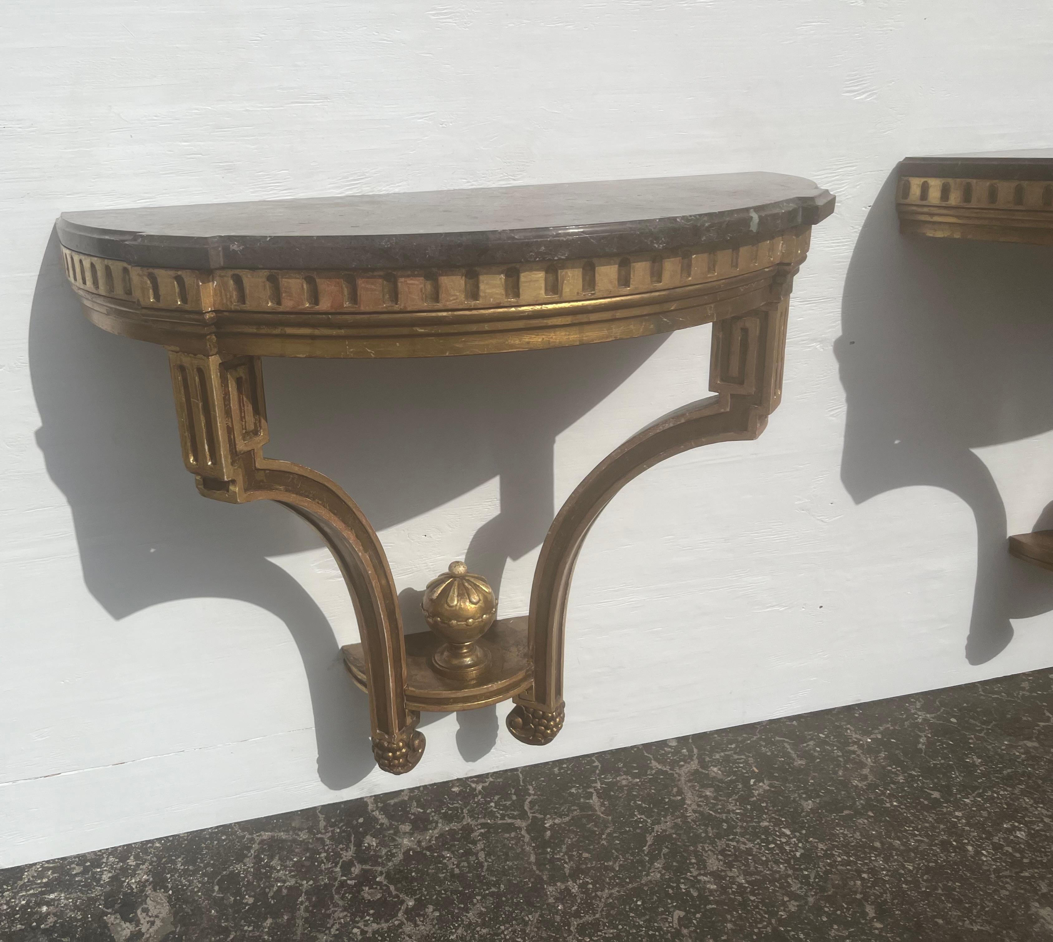 Pair of Antique Wall-Mounted Console Tables, Marble Tops, Wood, Gold For Sale 5