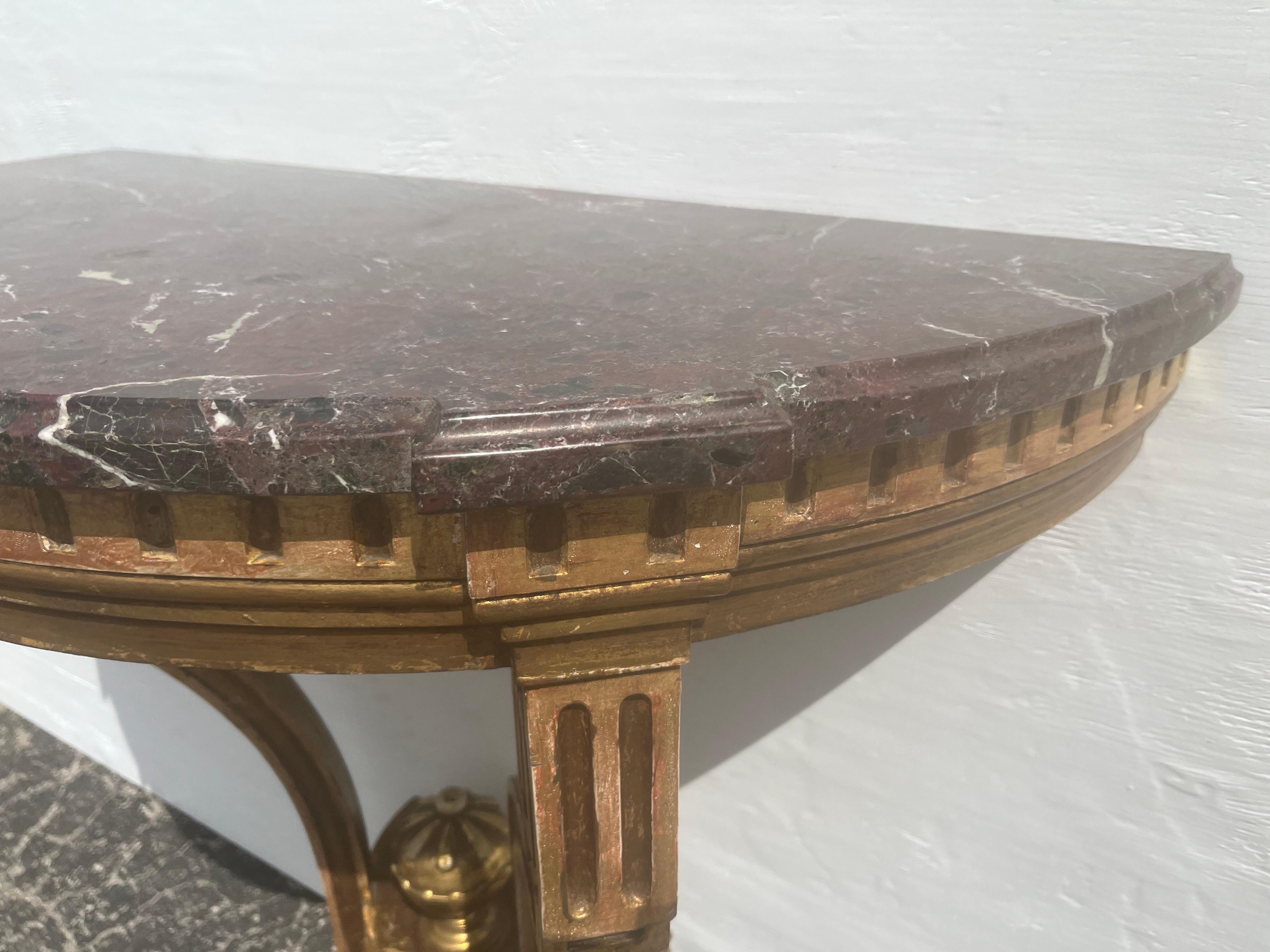 Pair of Antique Wall-Mounted Console Tables, Marble Tops, Wood, Gold For Sale 7
