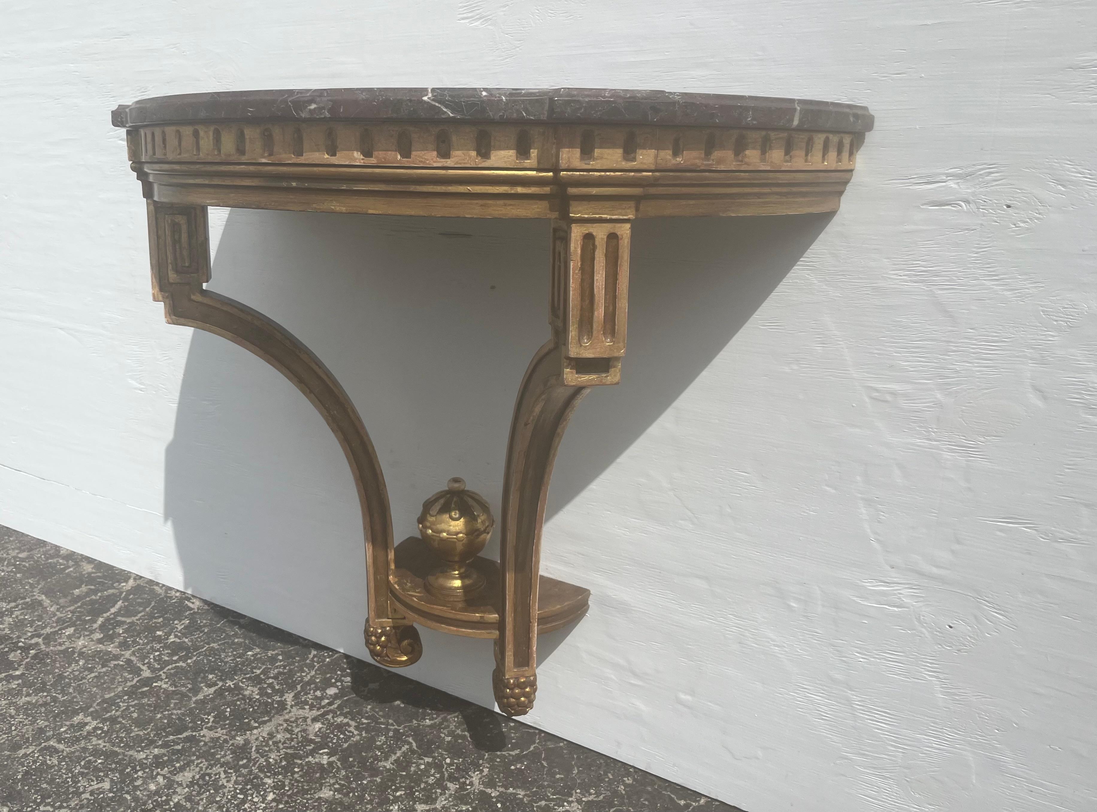 Pair of Antique Wall-Mounted Console Tables, Marble Tops, Wood, Gold For Sale 9