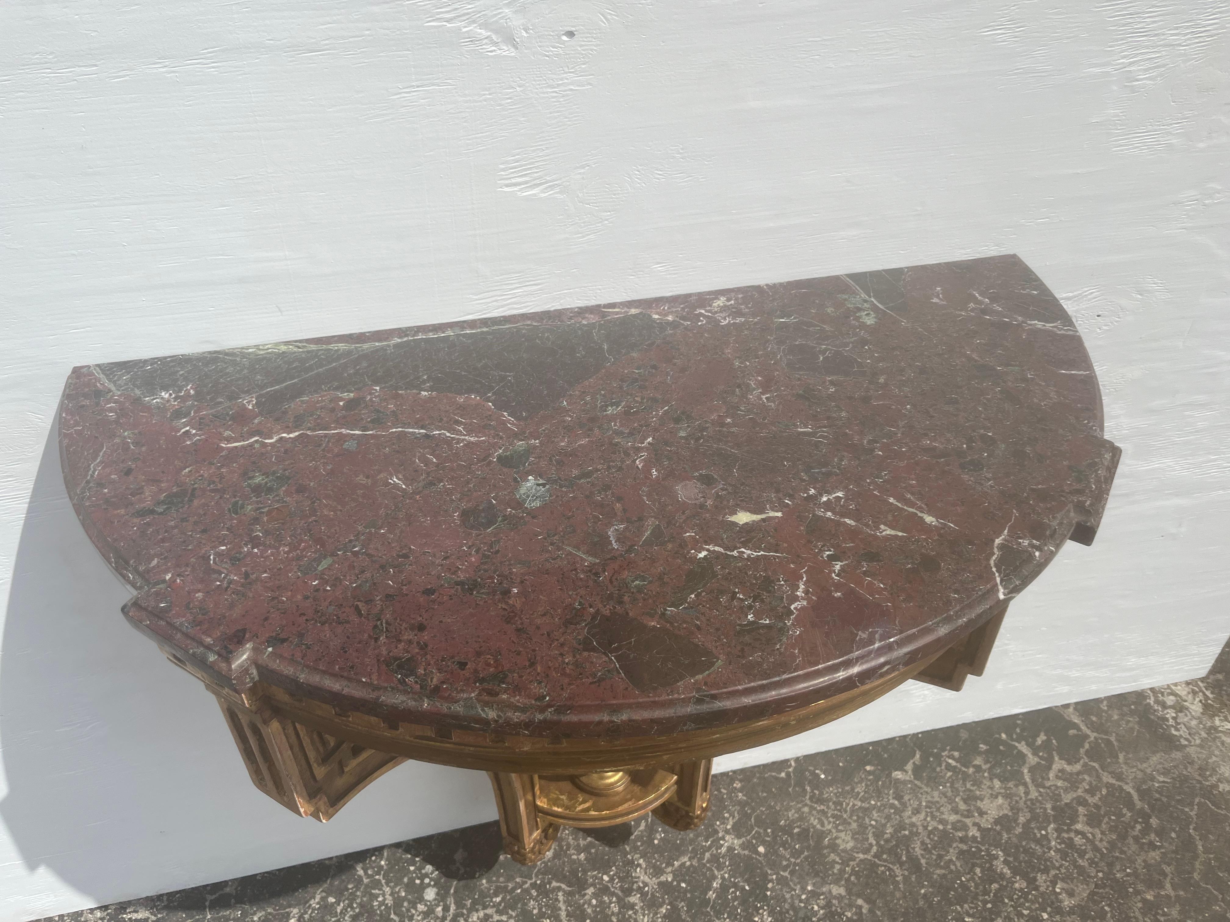 Pair of Antique Wall-Mounted Console Tables, Marble Tops, Wood, Gold For Sale 12