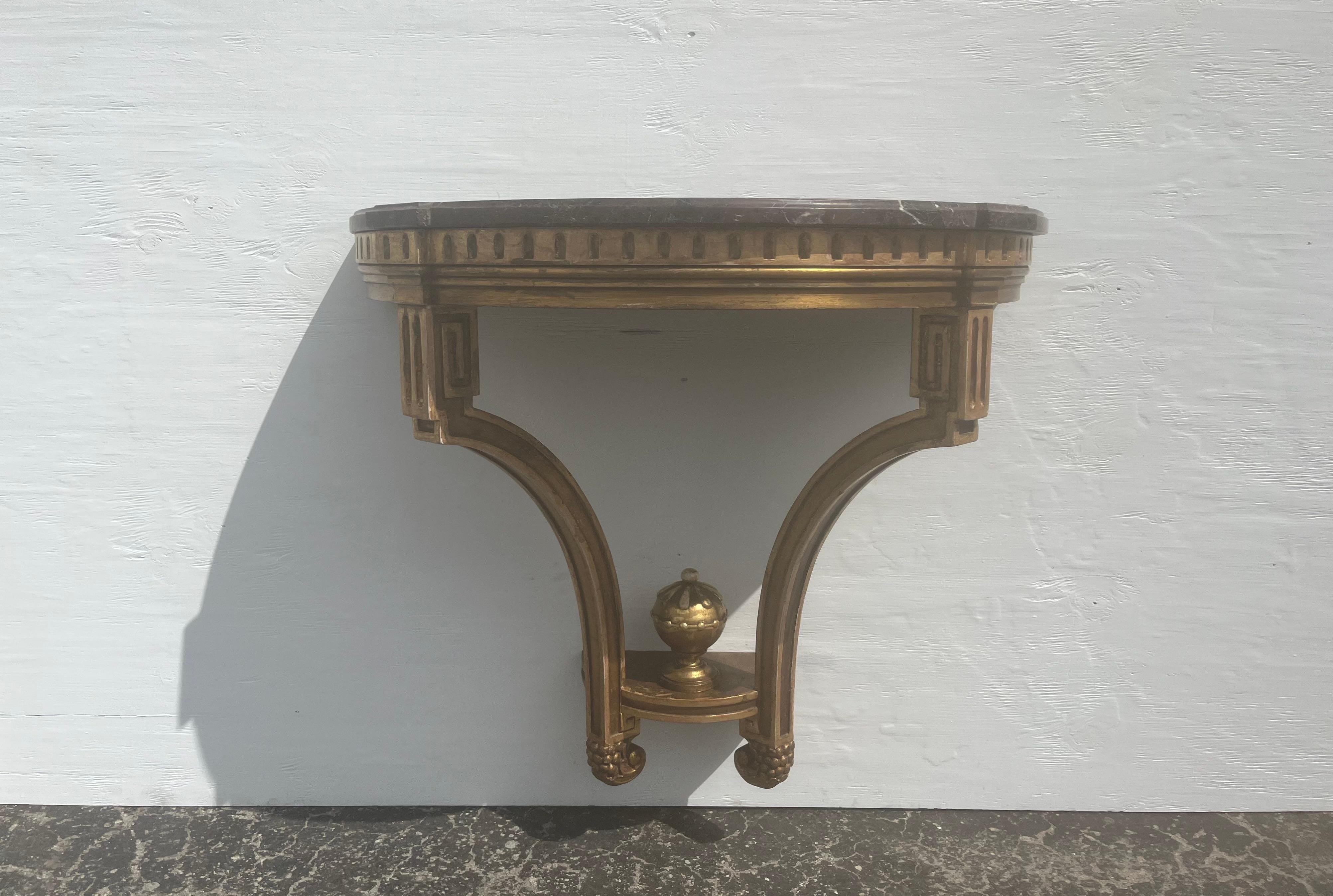 Pair of Antique Wall-Mounted Console Tables, Marble Tops, Wood, Gold For Sale 13