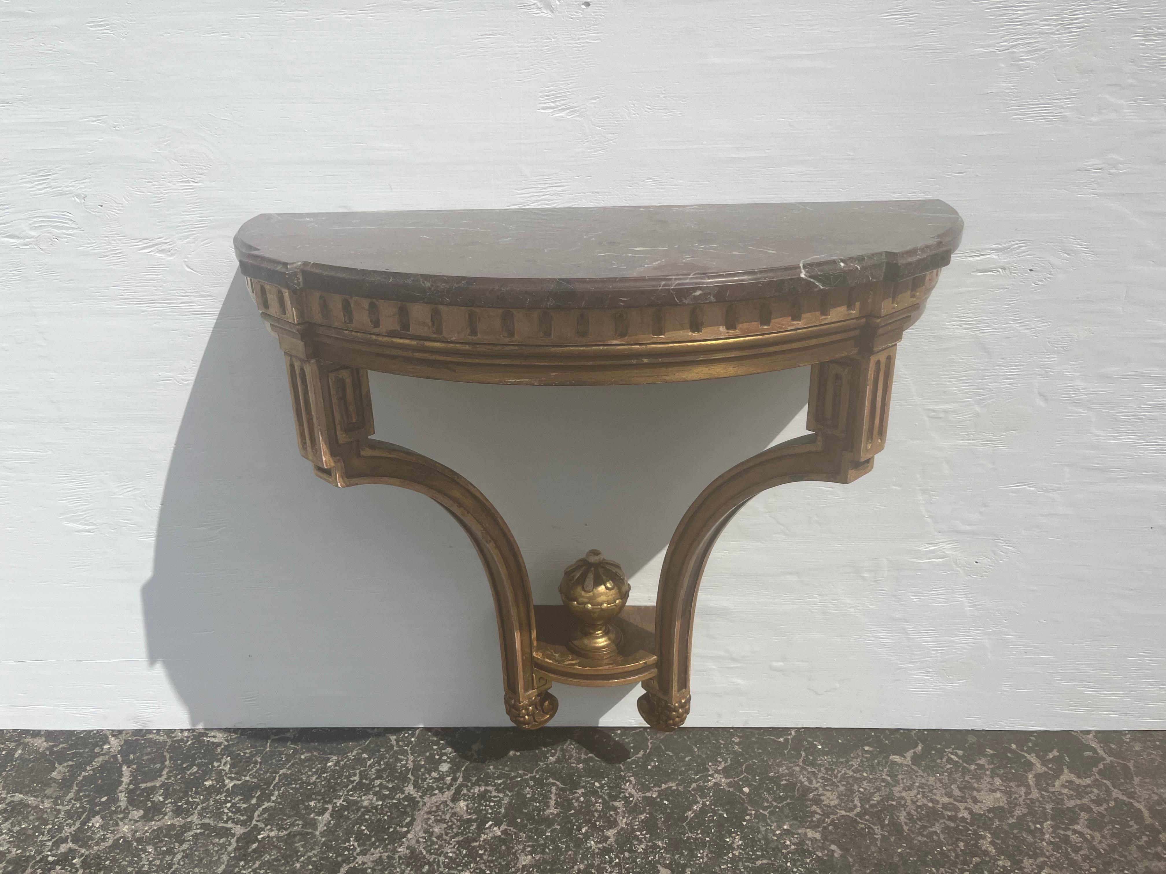 Pair of Antique Wall-Mounted Console Tables, Marble Tops, Wood, Gold For Sale 14