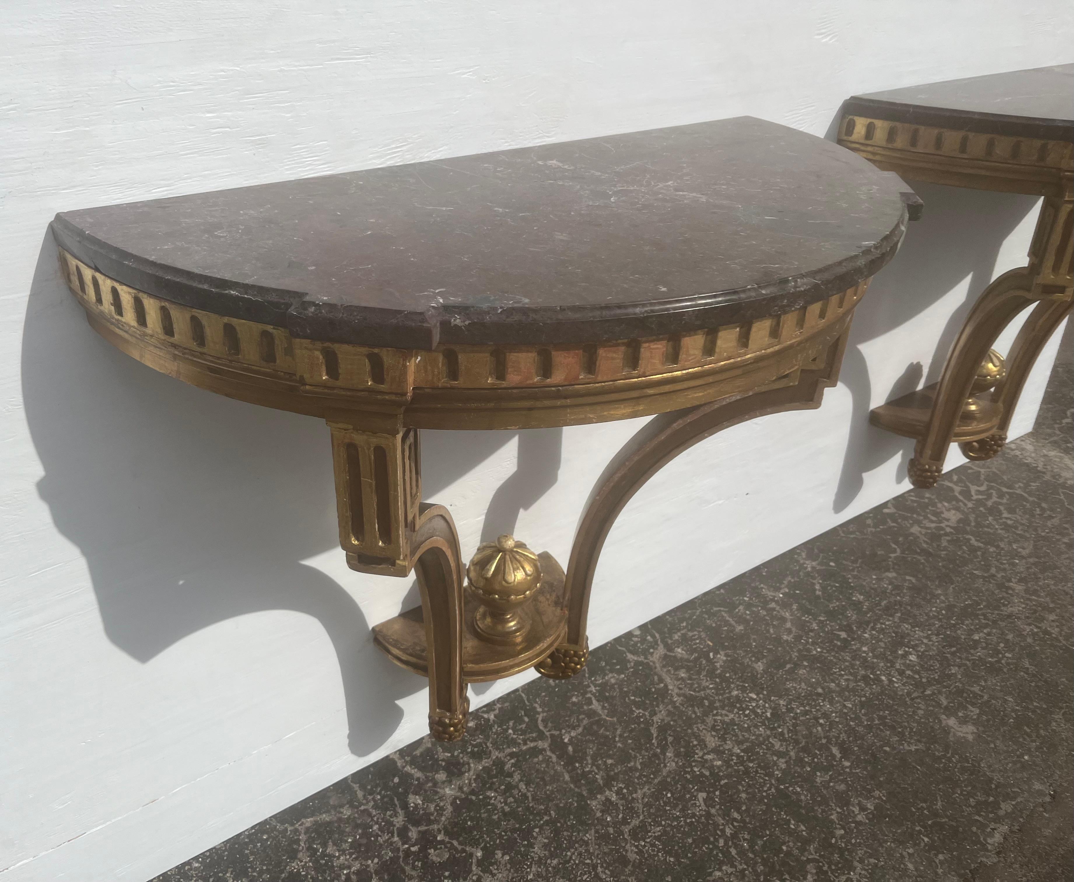 Neoclassical Pair of Antique Wall-Mounted Console Tables, Marble Tops, Wood, Gold For Sale