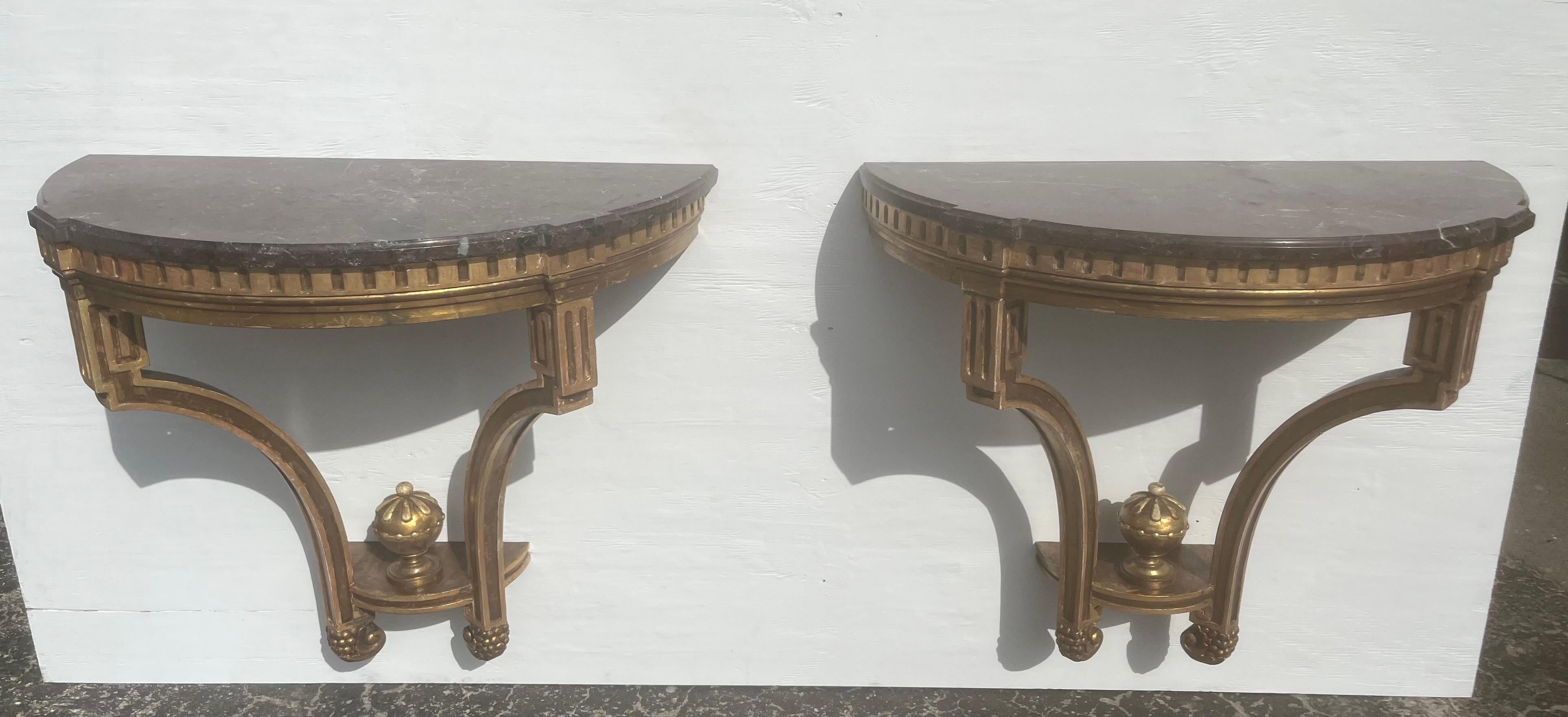 Italian Pair of Antique Wall-Mounted Console Tables, Marble Tops, Wood, Gold For Sale