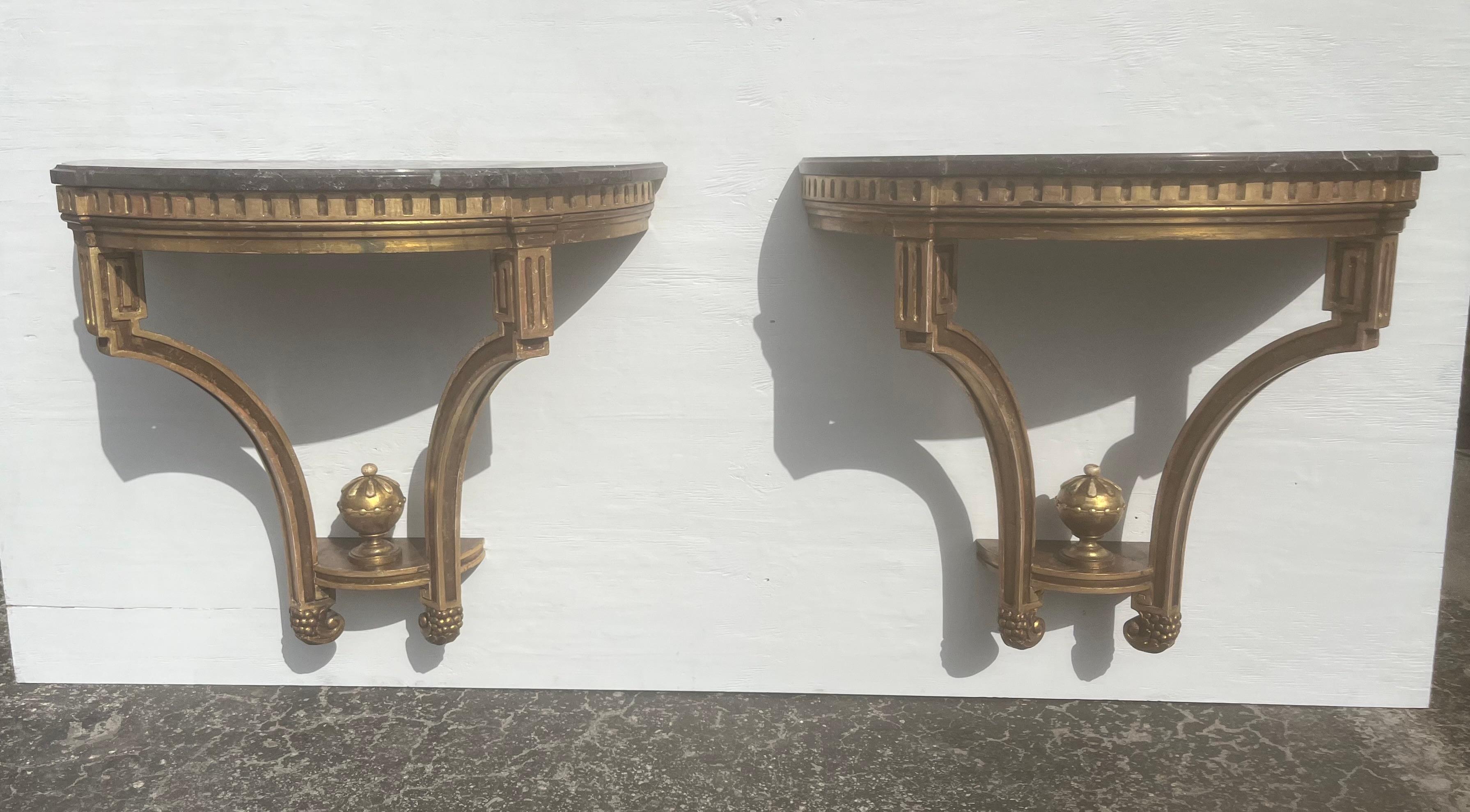 Pair of Antique Wall-Mounted Console Tables, Marble Tops, Wood, Gold In Good Condition For Sale In Miami, FL