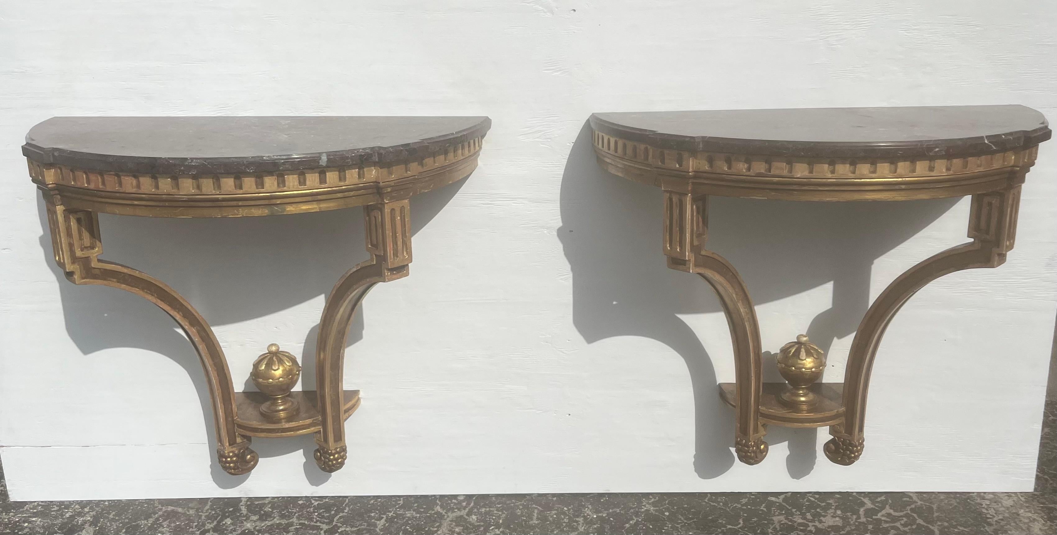 Early 20th Century Pair of Antique Wall-Mounted Console Tables, Marble Tops, Wood, Gold For Sale