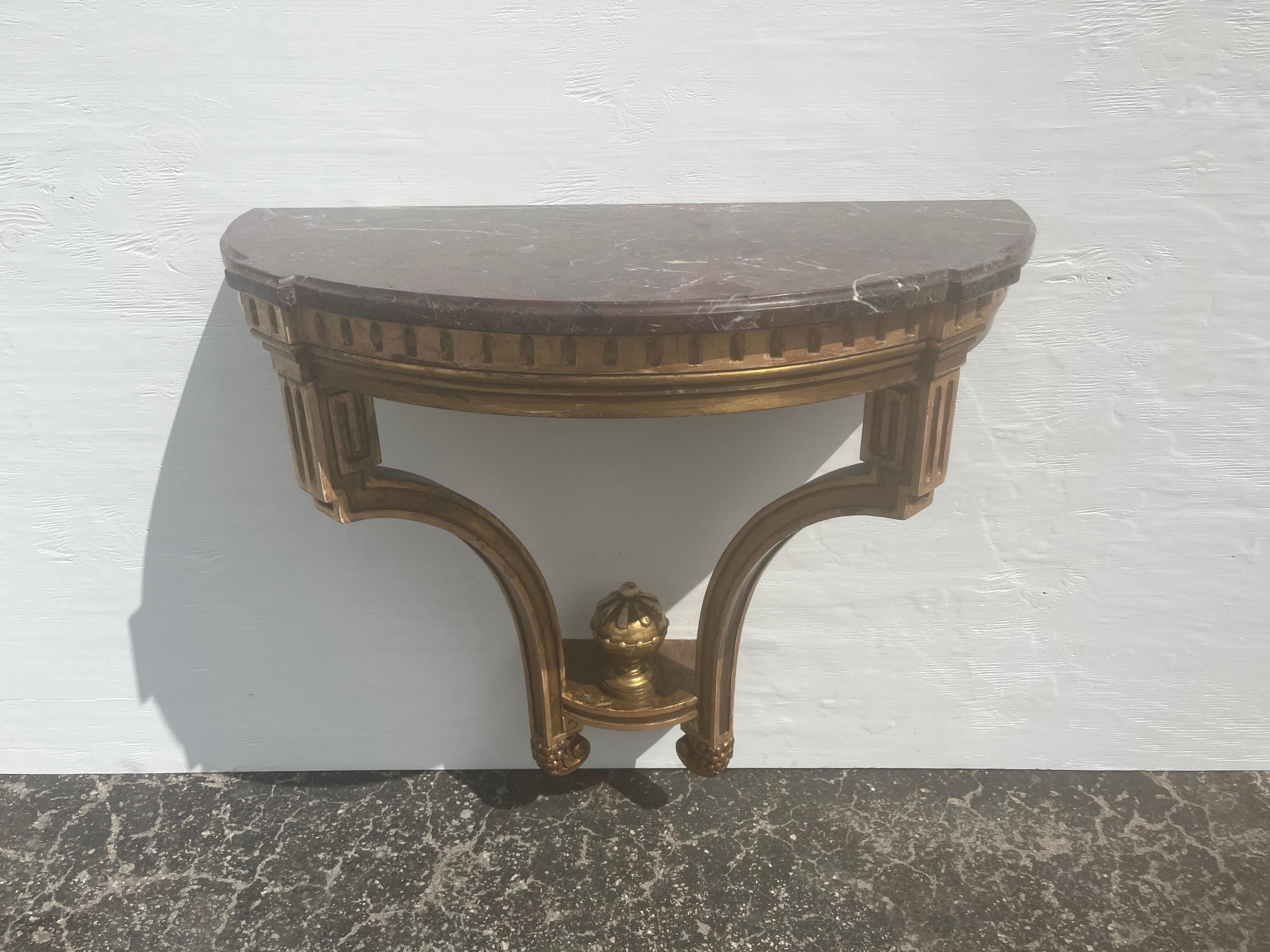 Pair of Antique Wall-Mounted Console Tables, Marble Tops, Wood, Gold For Sale 1