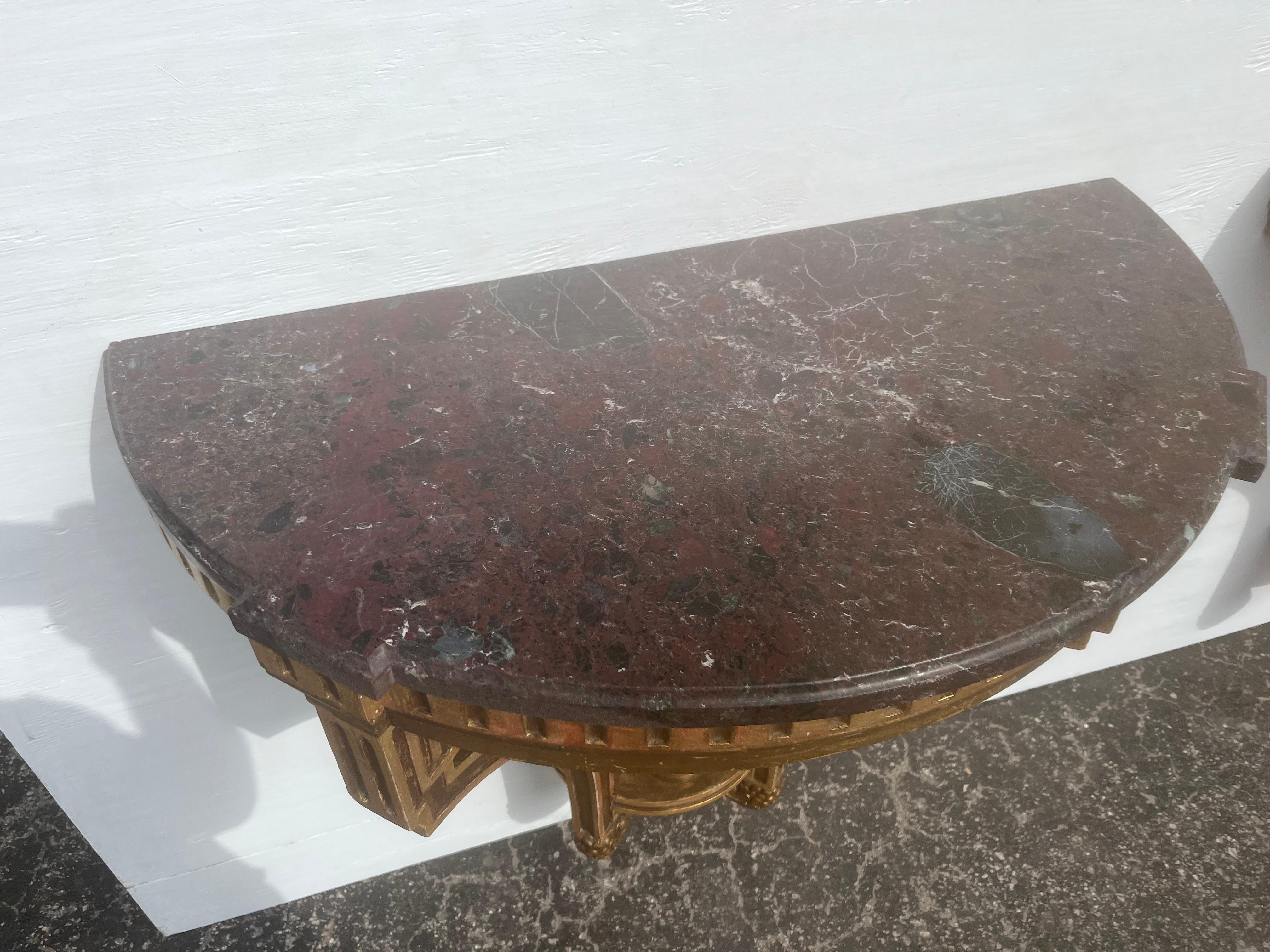 Pair of Antique Wall-Mounted Console Tables, Marble Tops, Wood, Gold For Sale 2