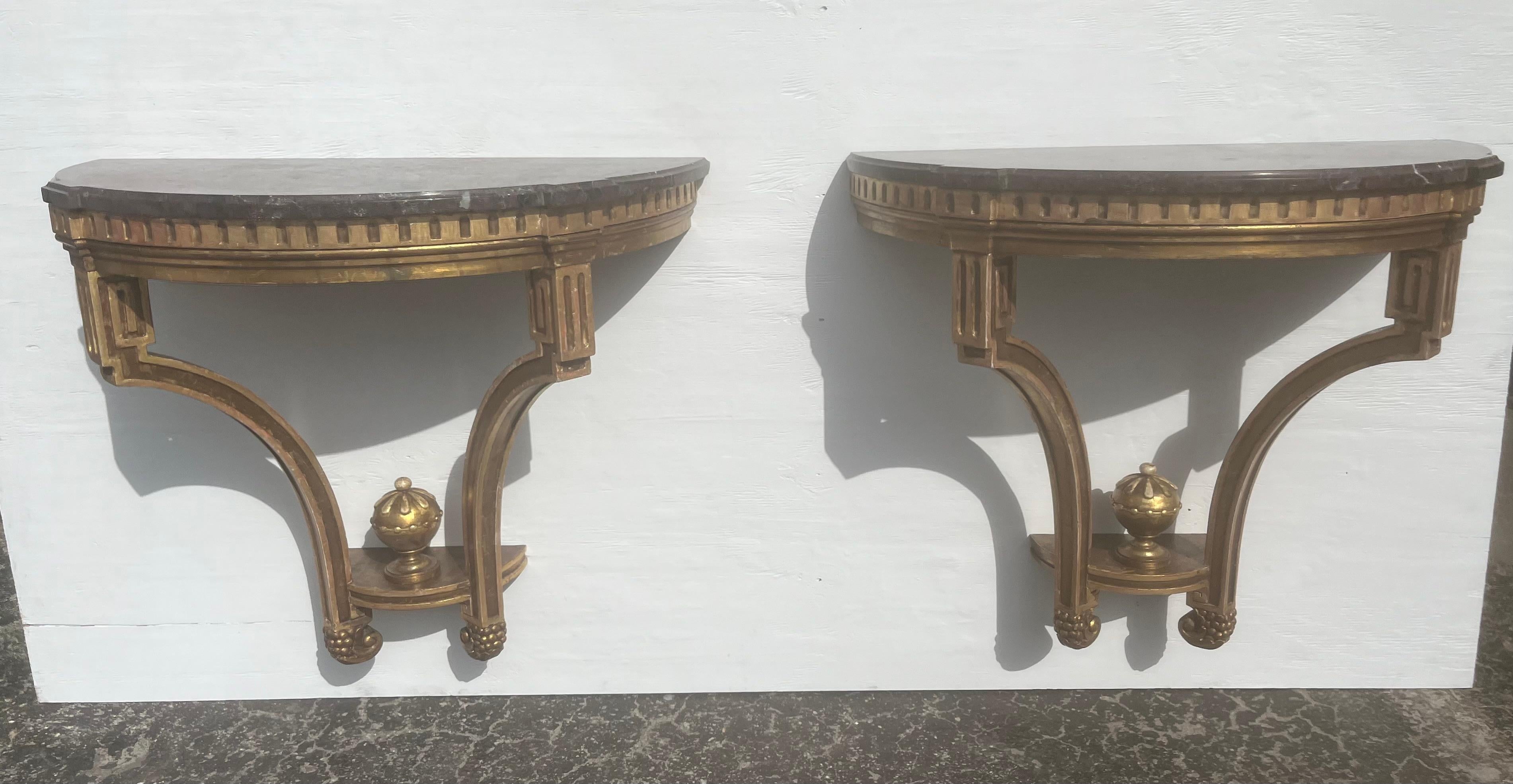 Pair of Antique Wall-Mounted Console Tables, Marble Tops, Wood, Gold For Sale 3