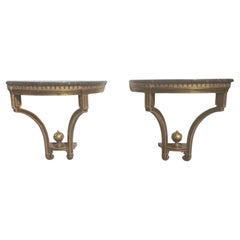 Pareja de Consolas de Pared Antiguas, Tapas de Mármol, Madera, Oro