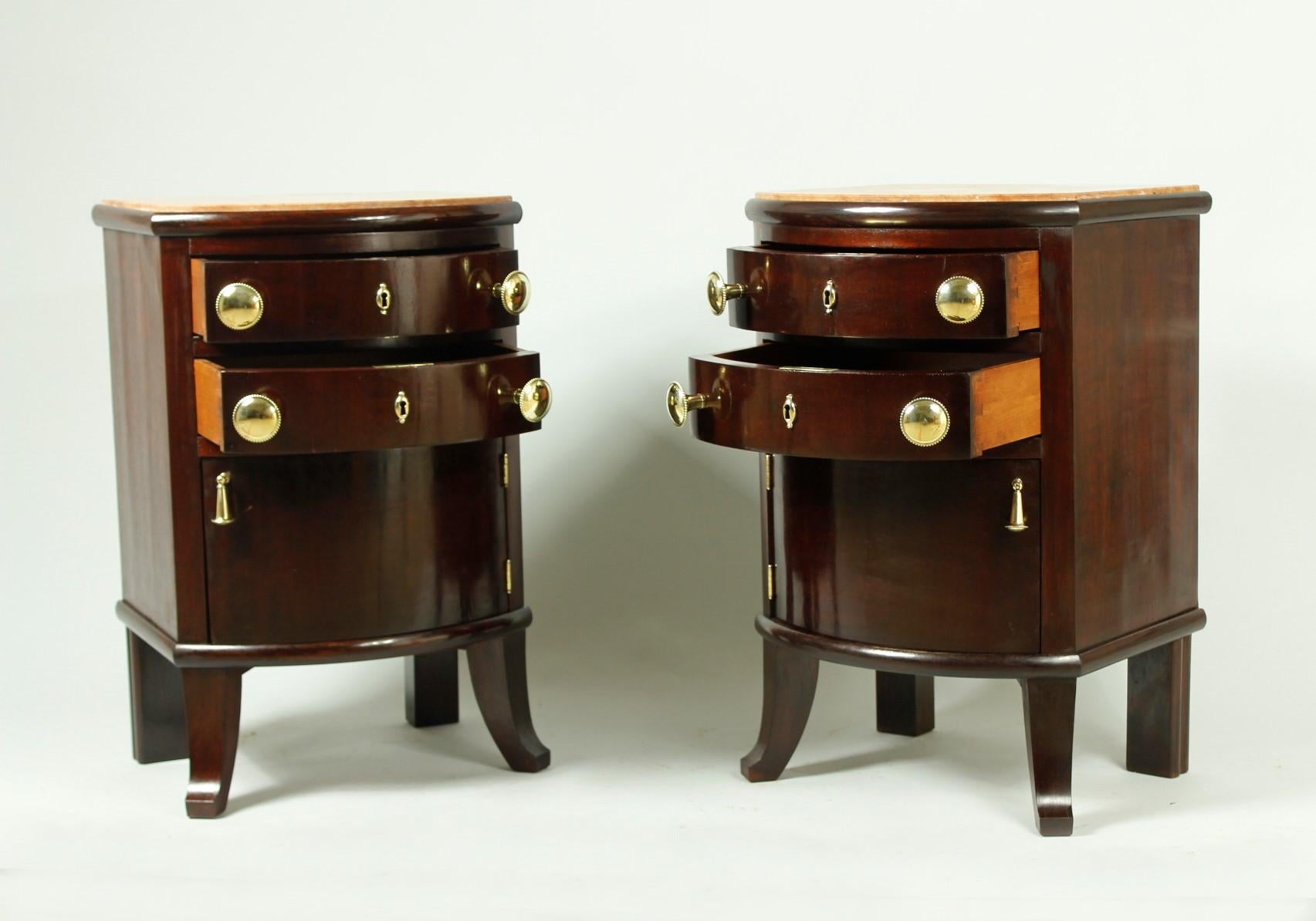 Czech Pair of Antique Walnut and Mahogany Night Stands with Marble Top, 1920s For Sale