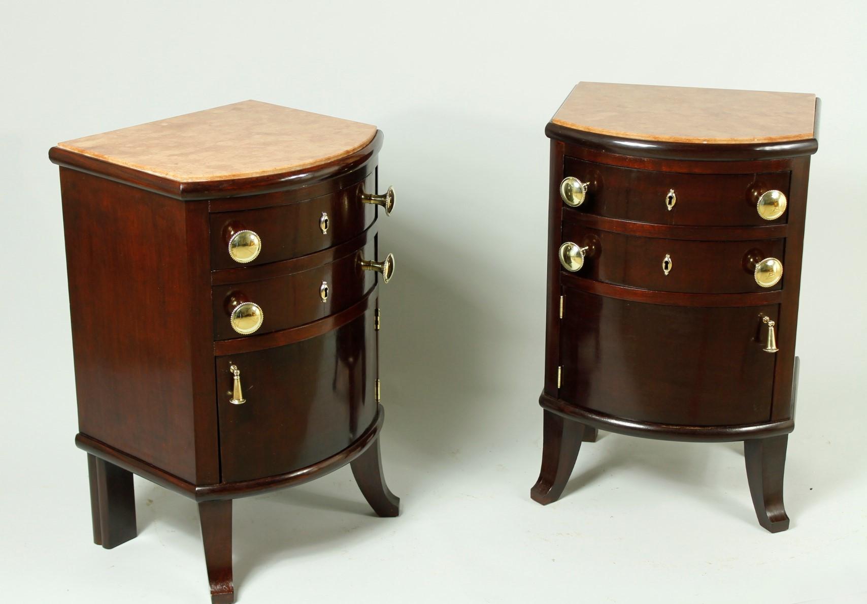 20th Century Pair of Antique Walnut and Mahogany Night Stands with Marble Top, 1920s For Sale