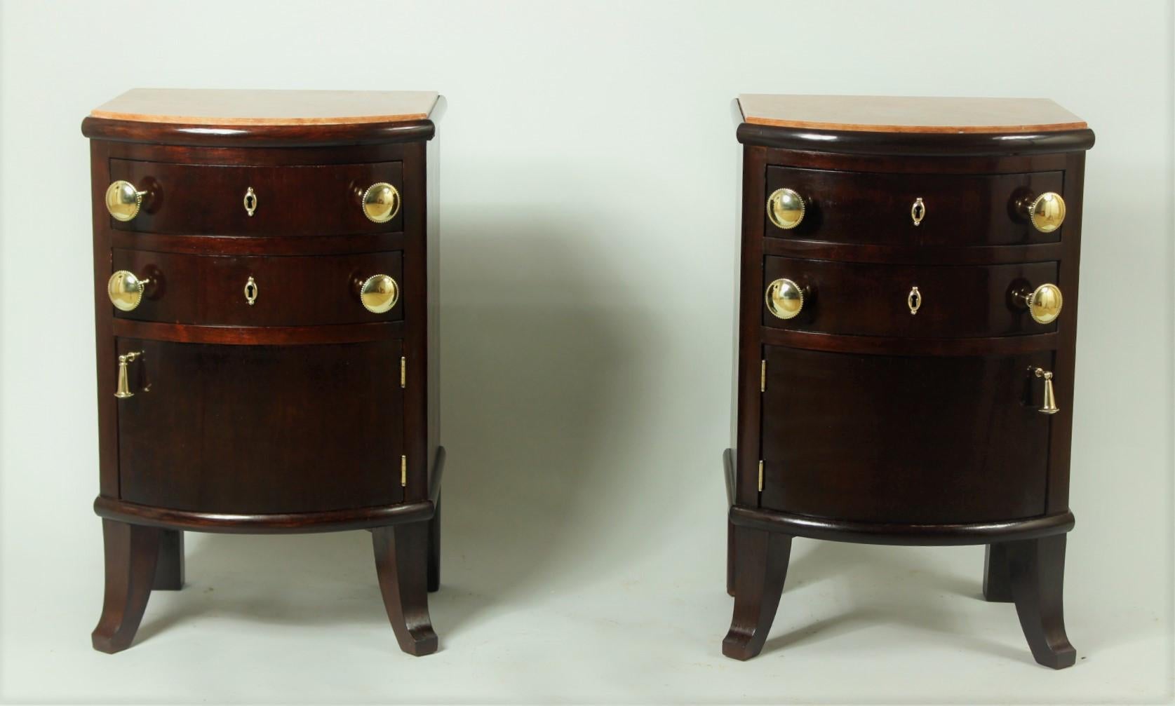Pair of Antique Walnut and Mahogany Night Stands with Marble Top, 1920s For Sale 1