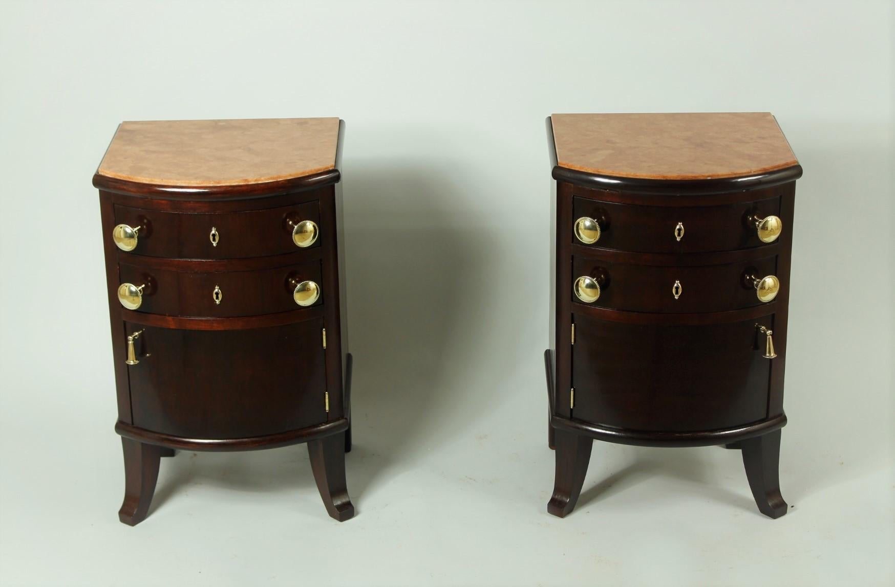 Pair of Antique Walnut and Mahogany Night Stands with Marble Top, 1920s For Sale 2