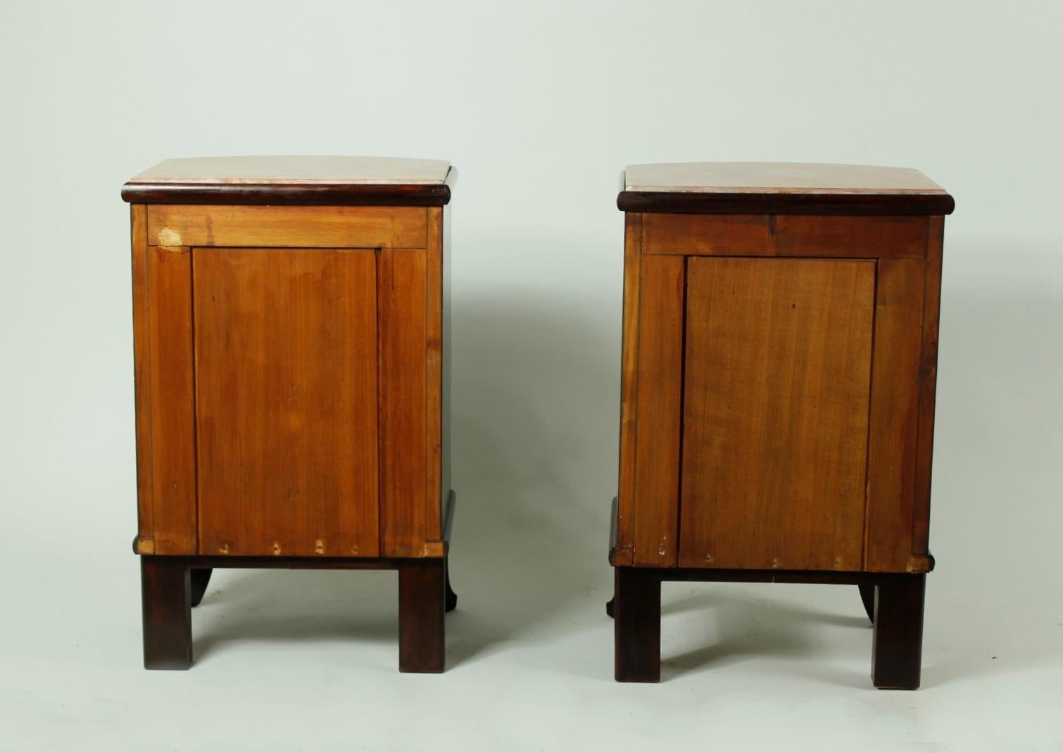 Pair of Antique Walnut and Mahogany Night Stands with Marble Top, 1920s For Sale 3