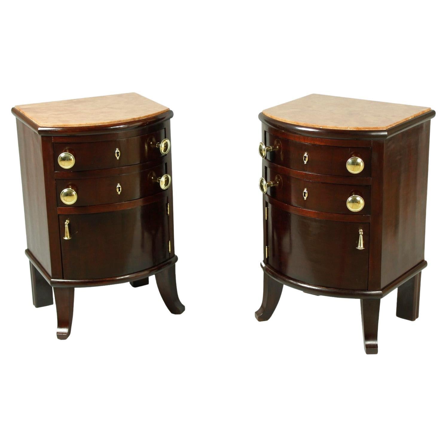 Pair of Antique Walnut and Mahogany Night Stands with Marble Top, 1920s For Sale