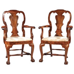 Pair of Antique Walnut Armchairs with Claw and Ball Feet