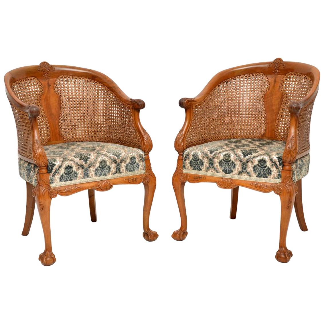Pair of Antique Walnut Bergere Armchairs