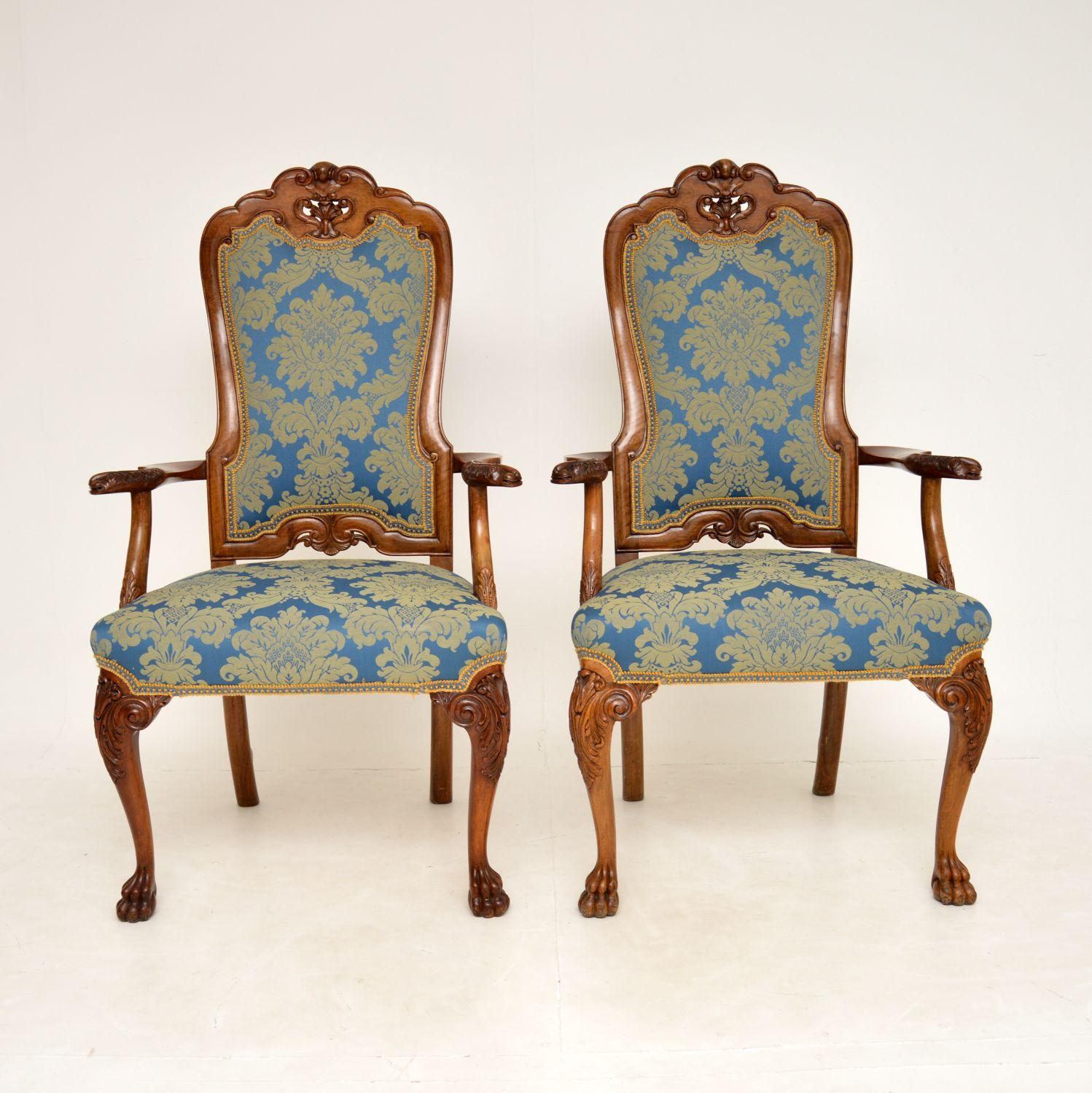 Queen Anne Pair of Antique Walnut Carver Armchairs