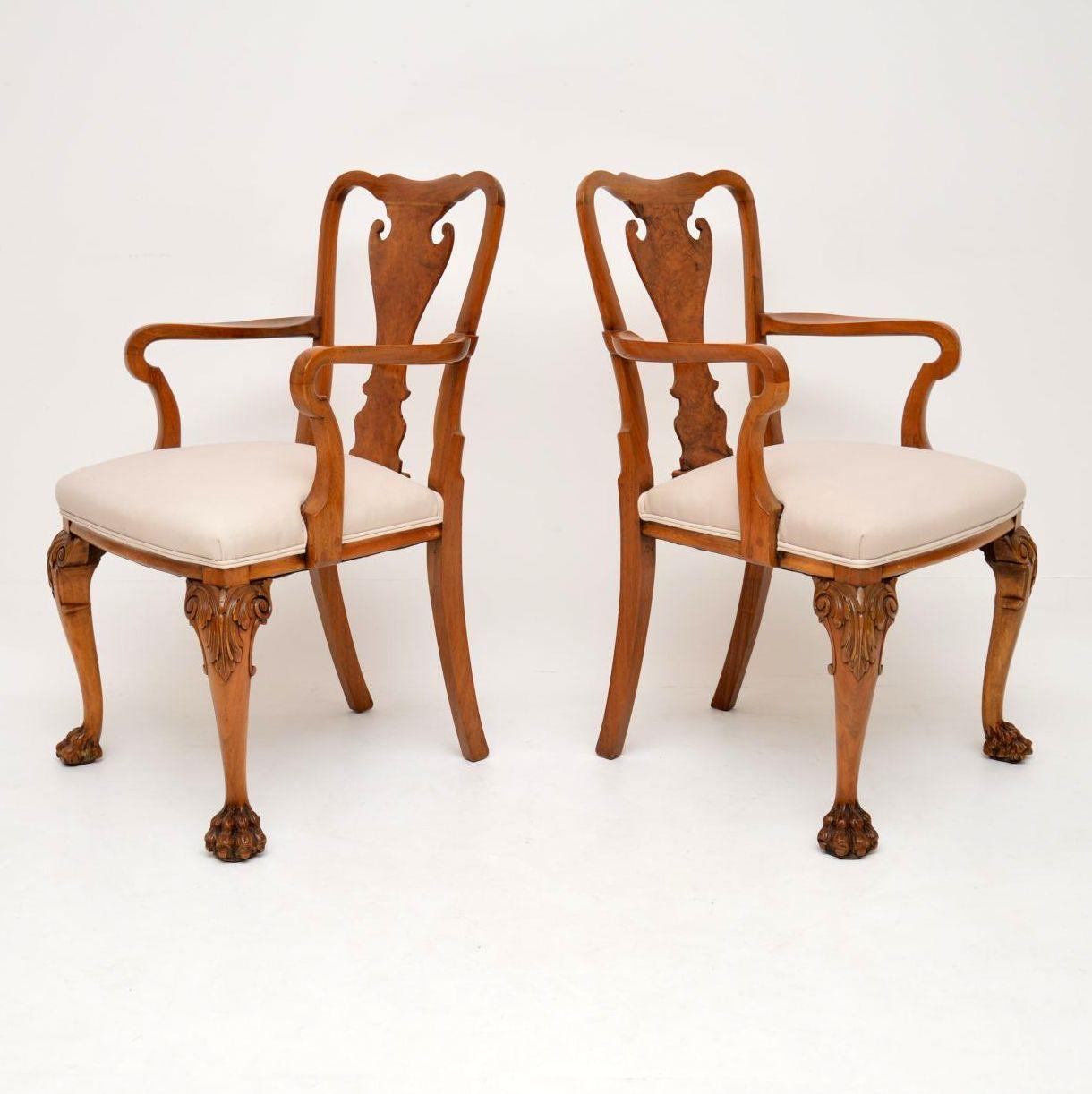 English Pair of Antique Walnut Queen Anne Style Carver Armchairs