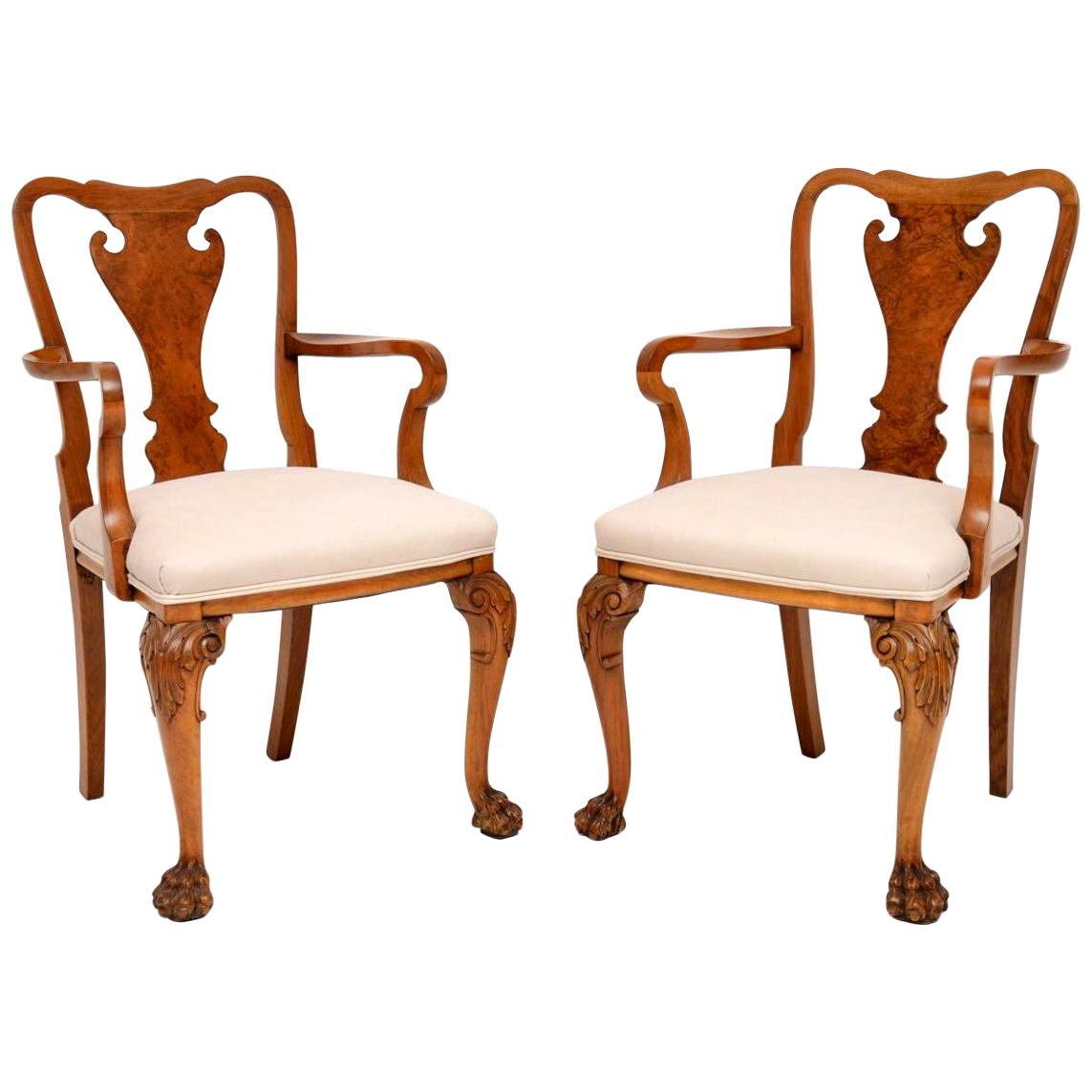 Pair of Antique Walnut Queen Anne Style Carver Armchairs