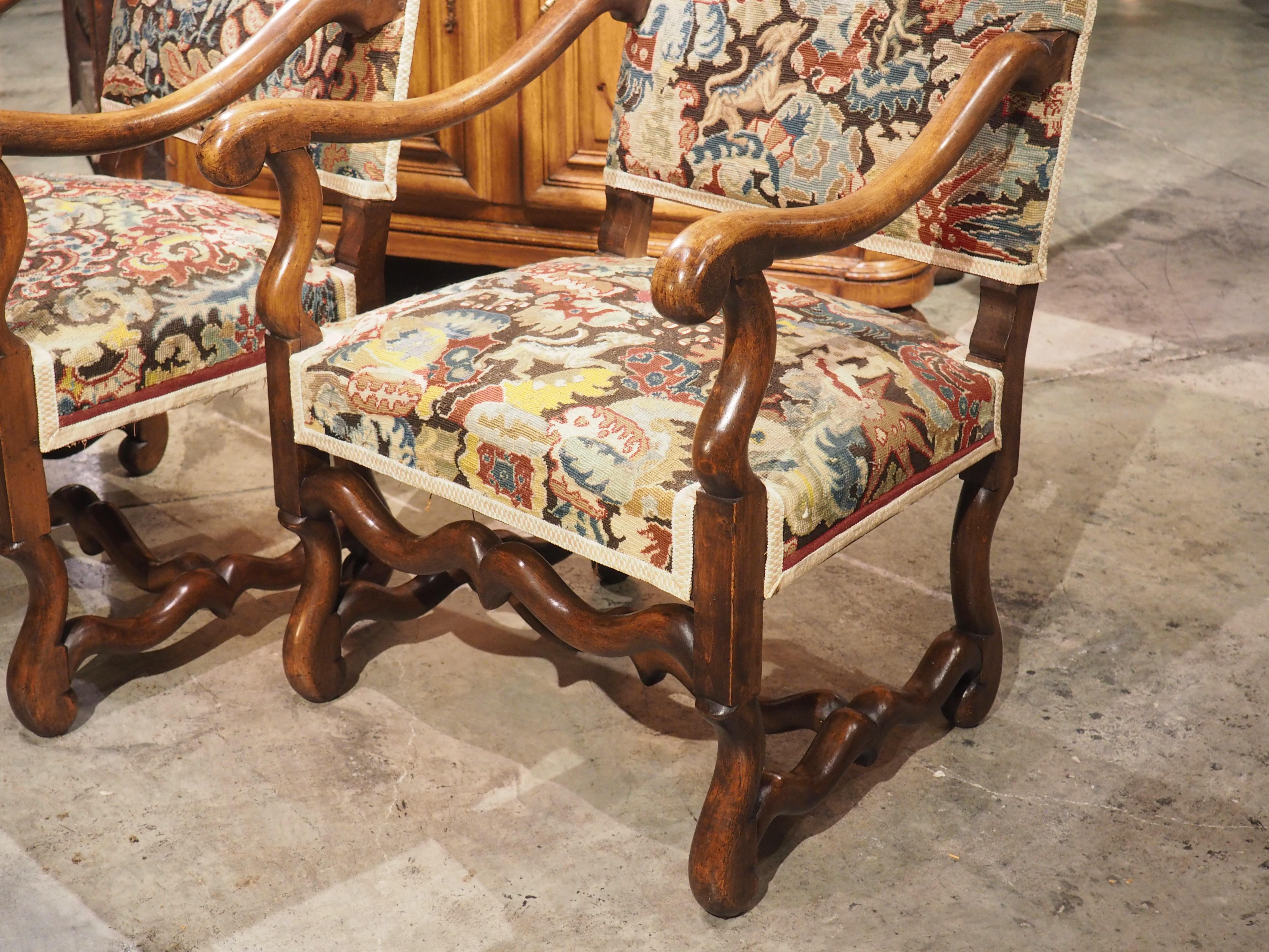 Louis XIV Pair of Antique Walnut Wood Os De Mouton Armchairs from France, C. 1880