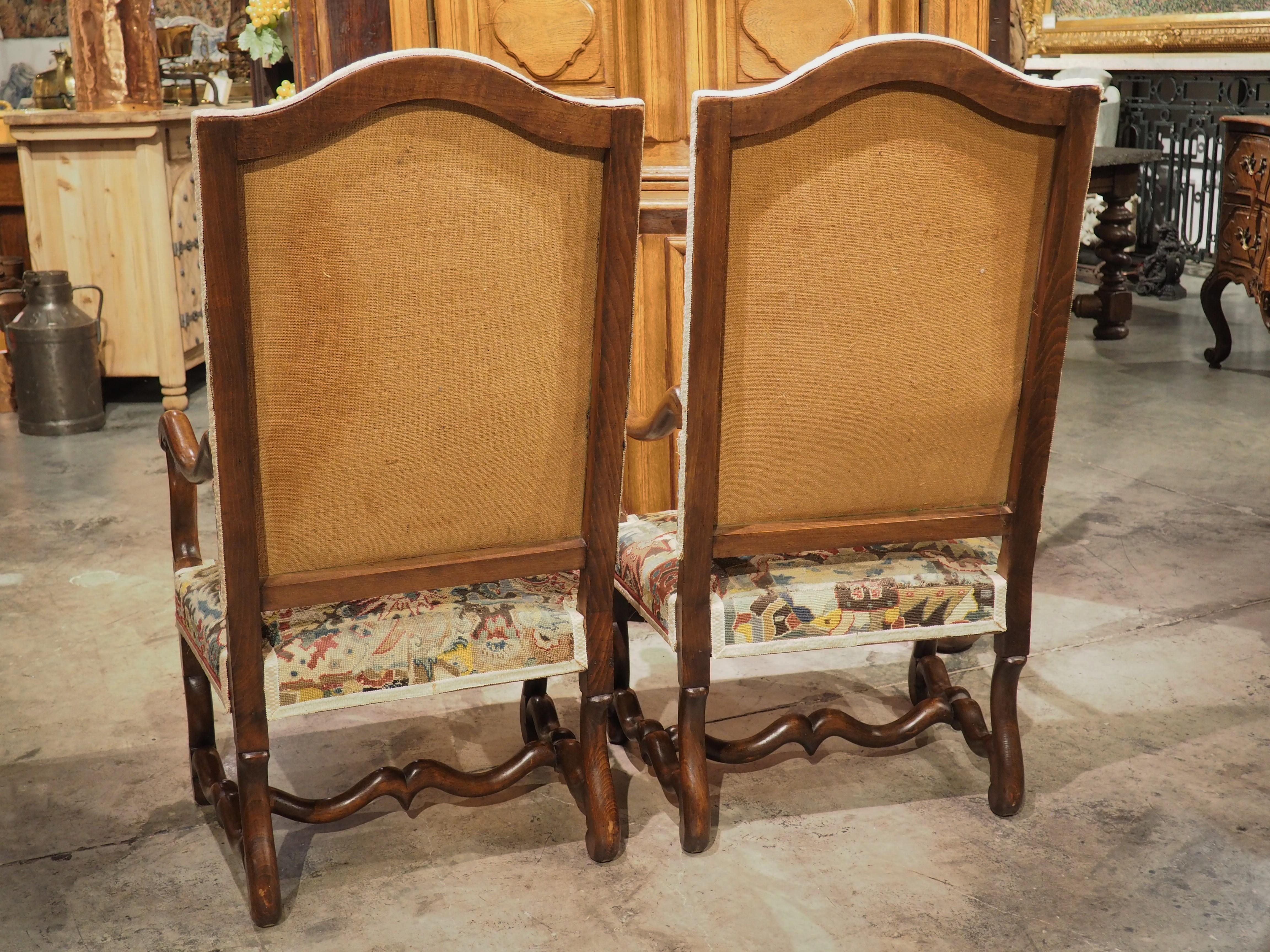 French Pair of Antique Walnut Wood Os De Mouton Armchairs from France, C. 1880