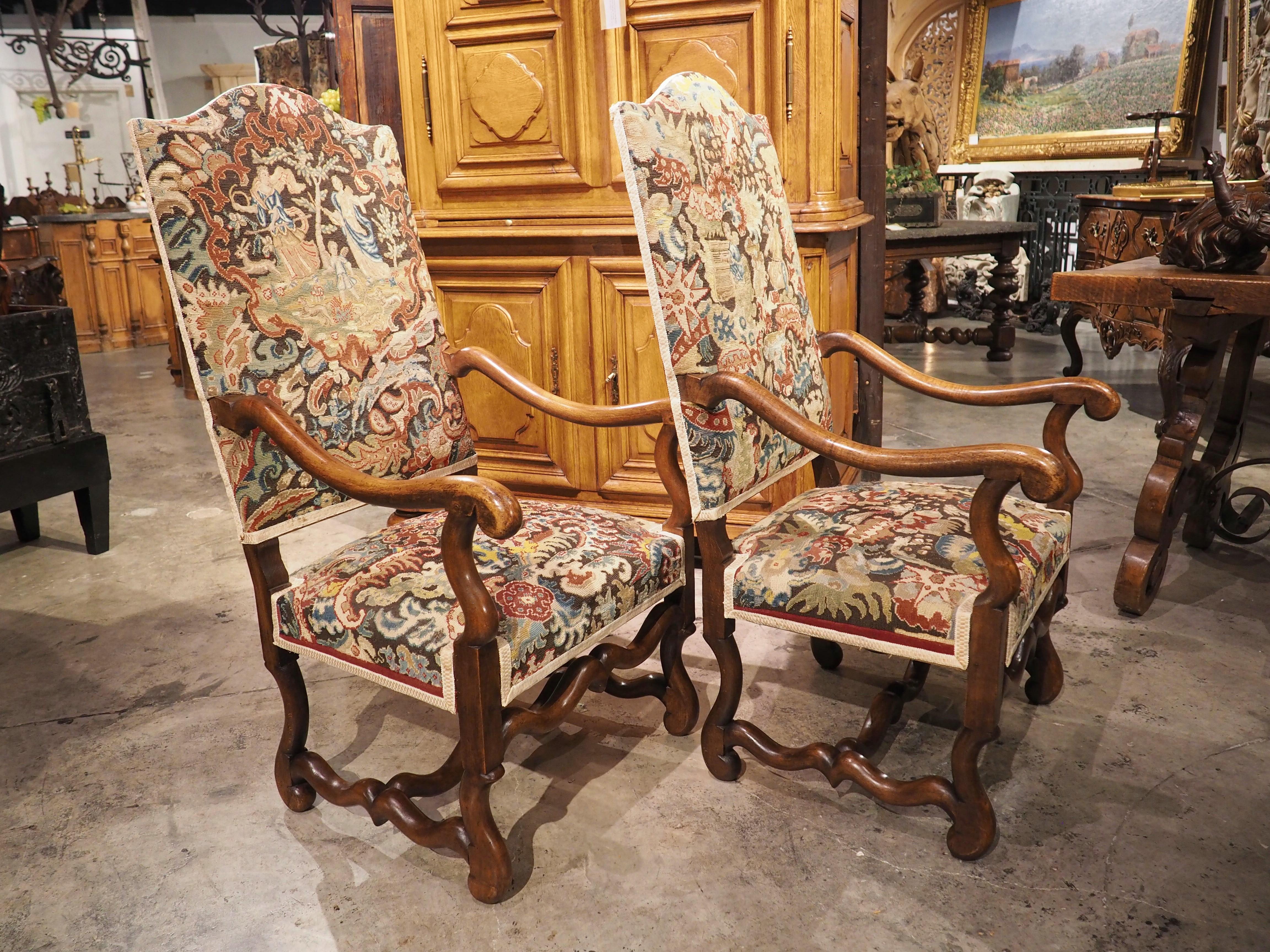 Pair of Antique Walnut Wood Os De Mouton Armchairs from France, C. 1880 In Good Condition In Dallas, TX