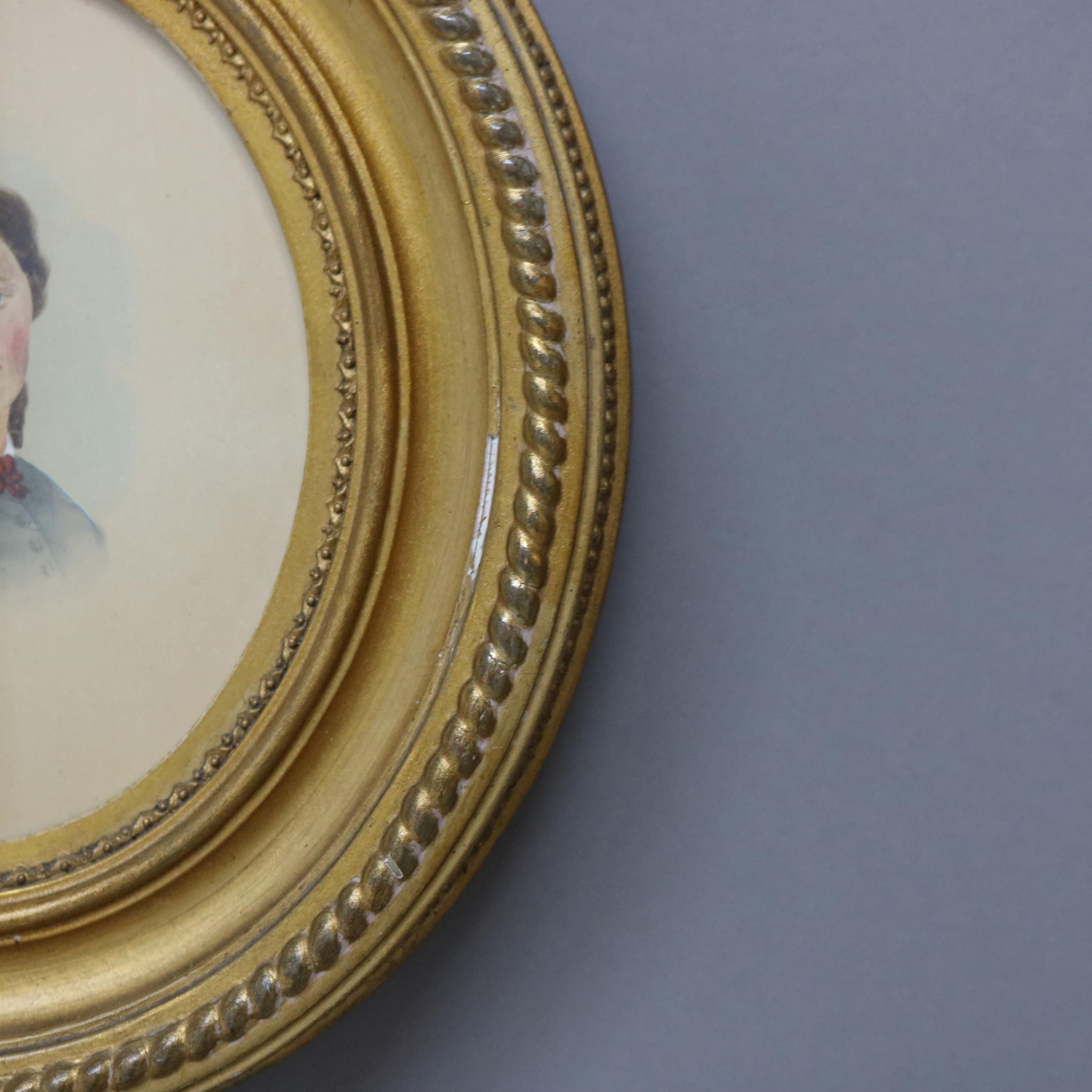19th Century Pair of Antique Watercolor Portraits of Man & Woman in Giltwood Frames c1880