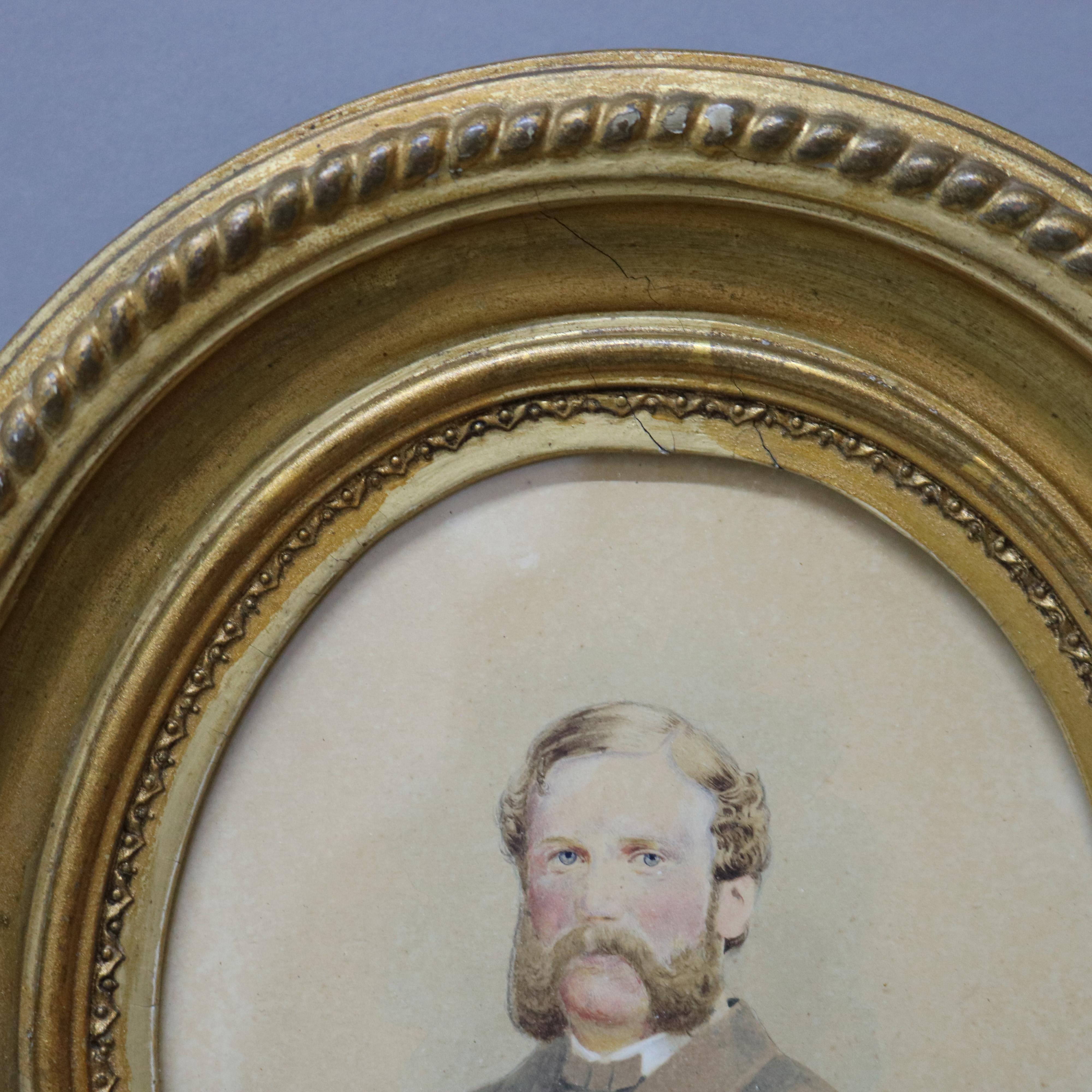 Paper Pair of Antique Watercolor Portraits of Man & Woman in Giltwood Frames c1880