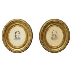 Pair of Antique Watercolor Portraits of Man & Woman in Giltwood Frames c1880