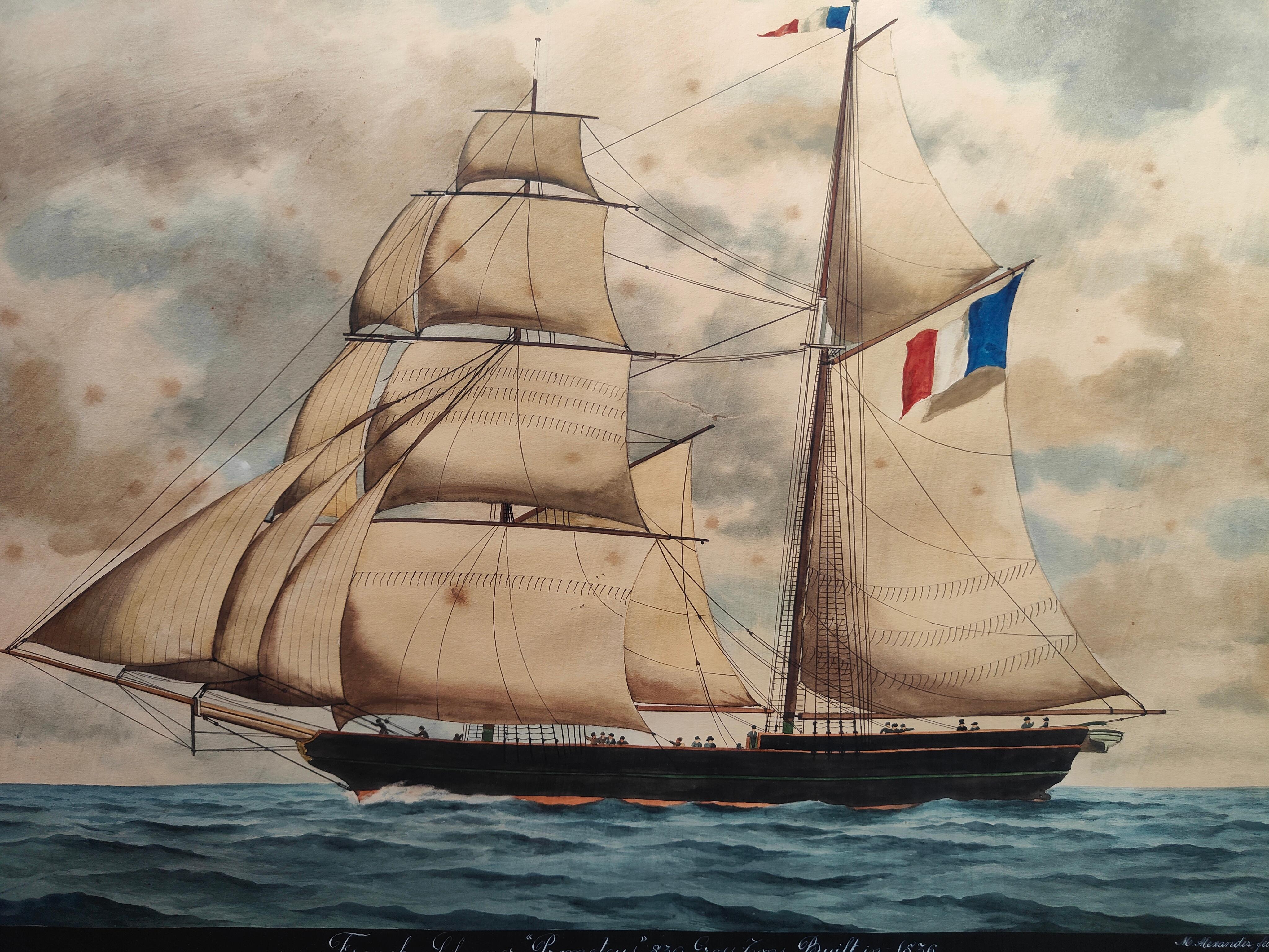 Watercolors from around 1900 representing a French frigate and an English frigate.The two watercolors are signed: M.Alexander fecit. Dimensions: 79x64 cm with frame and 57x44 cm without frame.