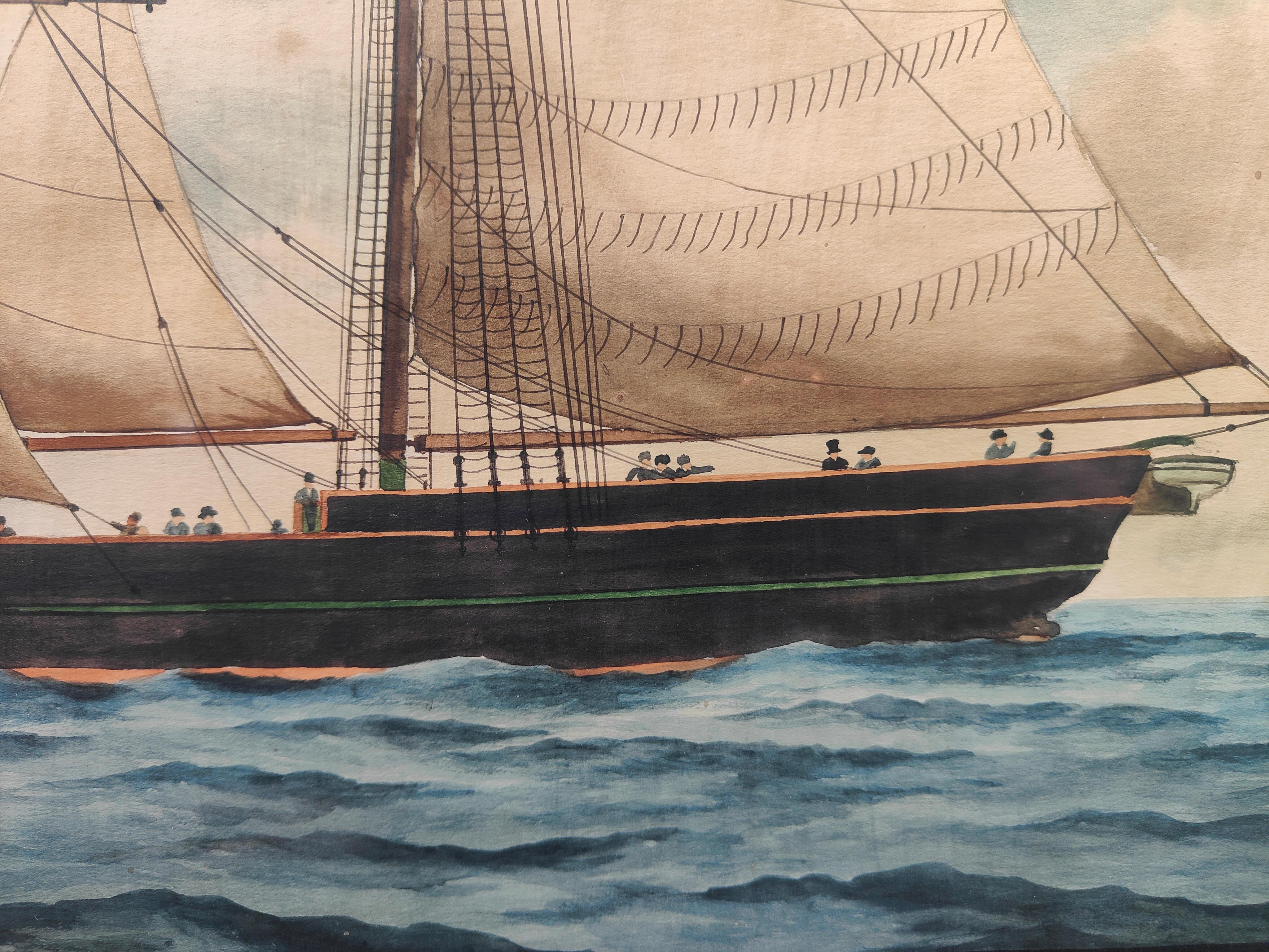 Pair of Antique Watercolors with Boats from XIXth In Fair Condition For Sale In Madrid, ES