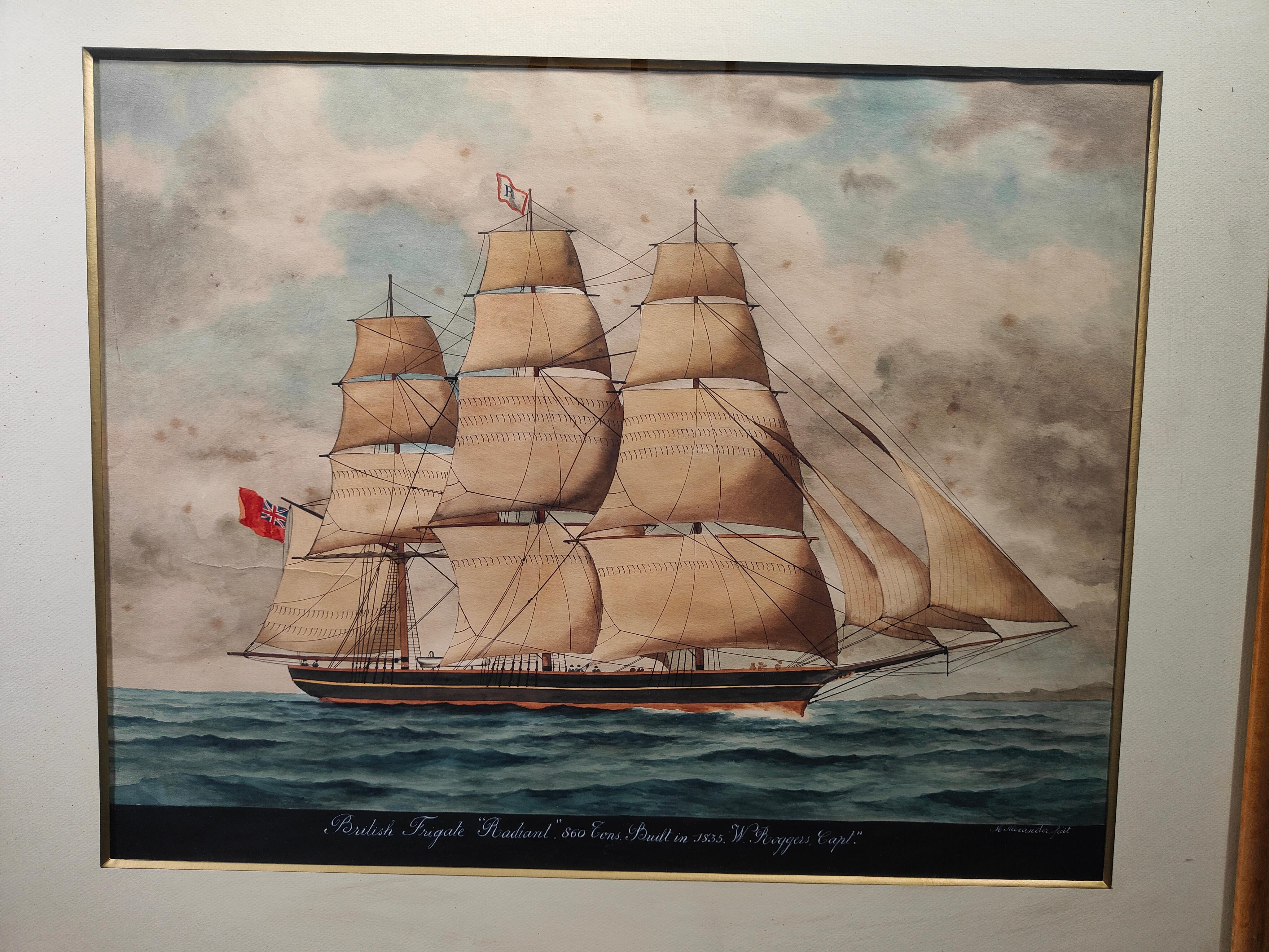 Pair of Antique Watercolors with Boats from XIXth For Sale 1