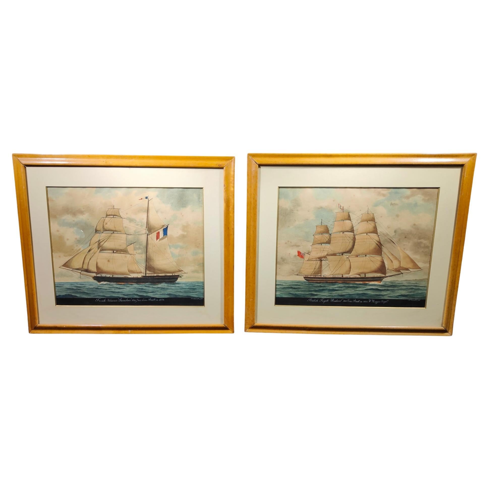 Paire d'aquarelles anciennes avec des bateaux du XIXe siècle