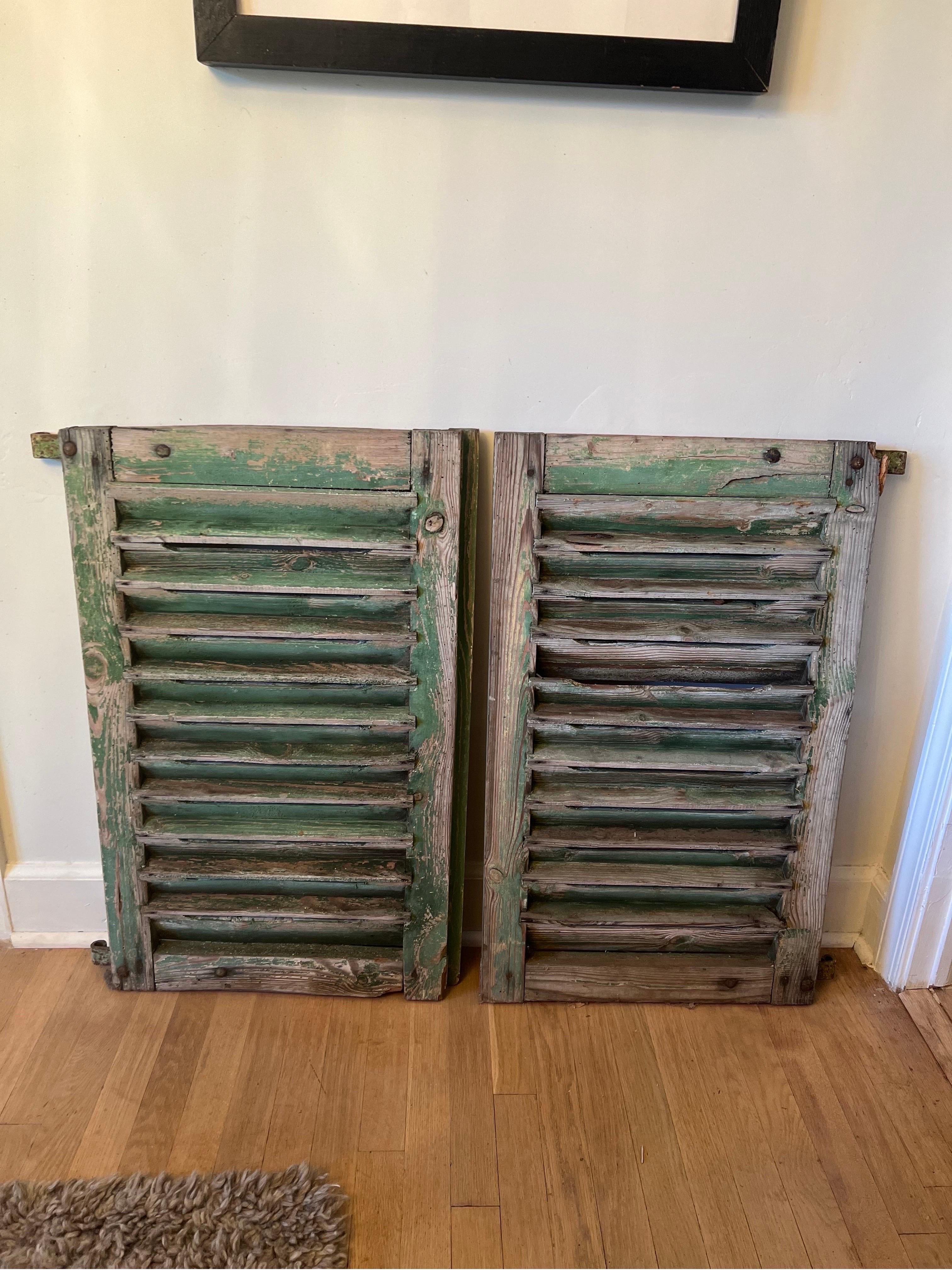 French Provincial Pair of Antique Weathered Green Shutters  For Sale