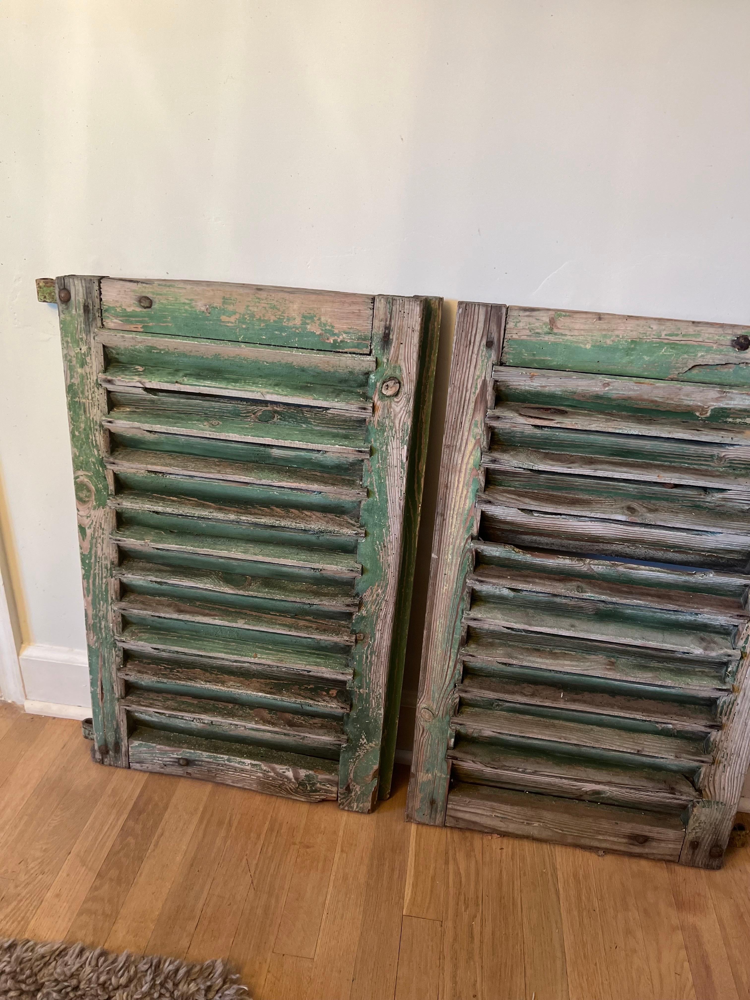 French Pair of Antique Weathered Green Shutters  For Sale