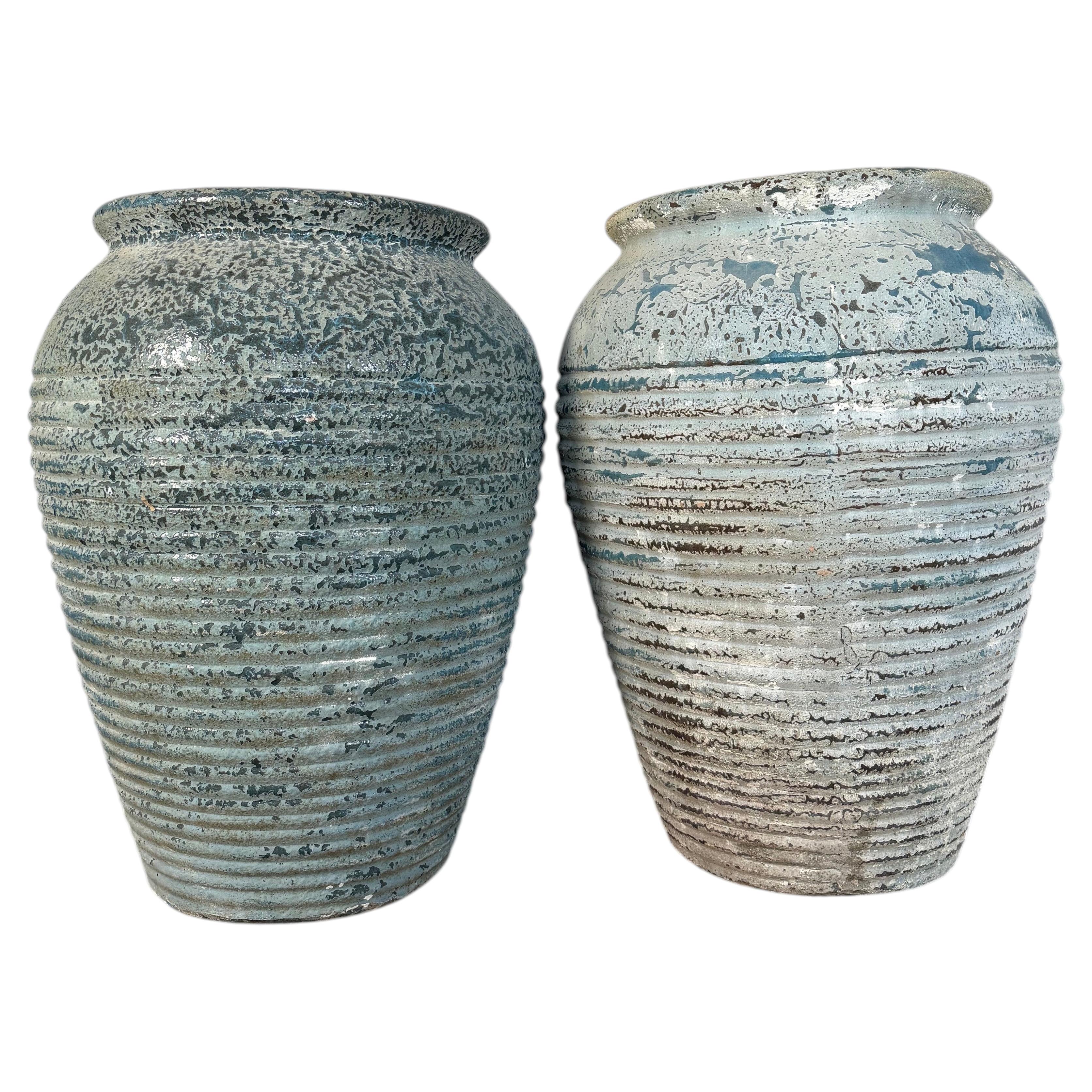 Pair of Antique Weathered Terracotta Garden Urns with Blue Patina