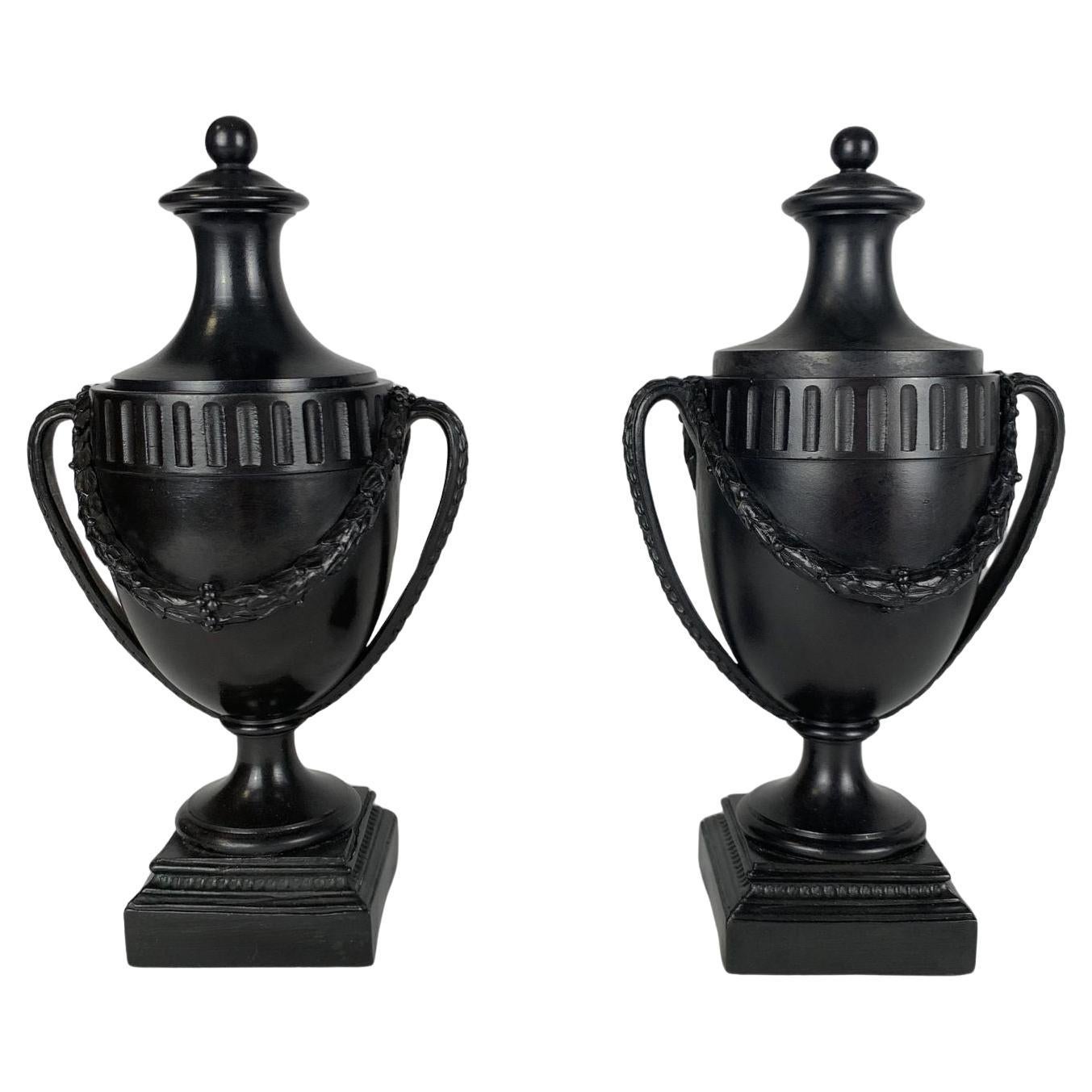 Pair of Antique Wedgwood & Bentley Black Basalt Jars England, Circa 1775