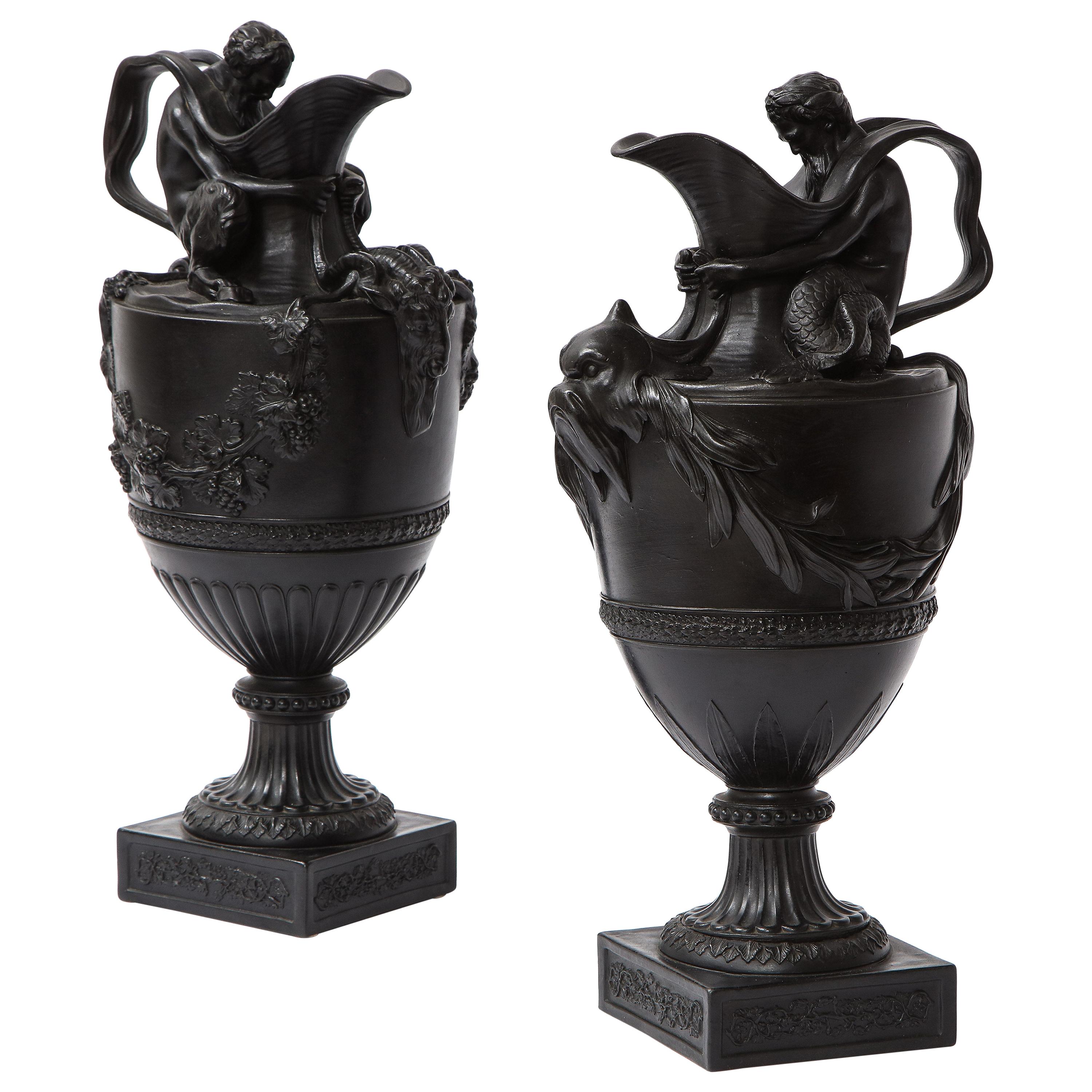 Pair of Antique Wedgwood Black Basalt Ewers Emblematic of Water and Earth