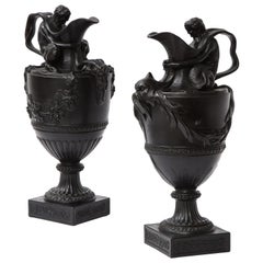 Pair of Antique Wedgwood Black Basalt Ewers Emblematic of Water and Earth