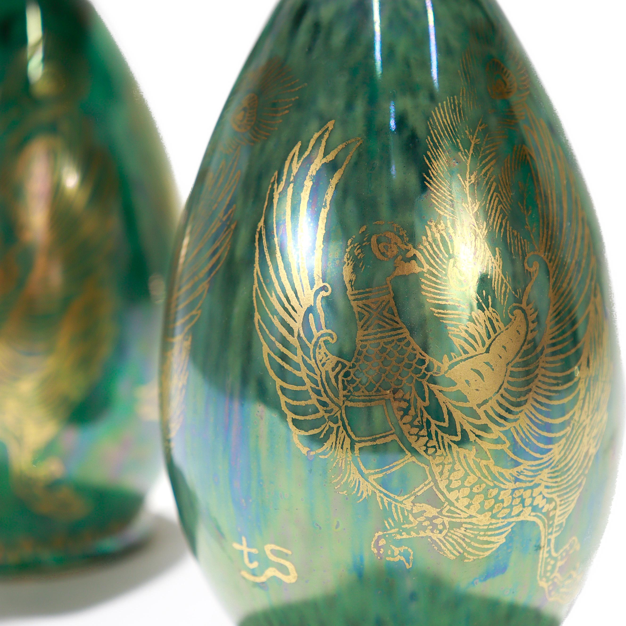 Pair of Antique Wedgwood Daisy Makeig-Jones Fairyland Green Lustre Phoenix Vases 2