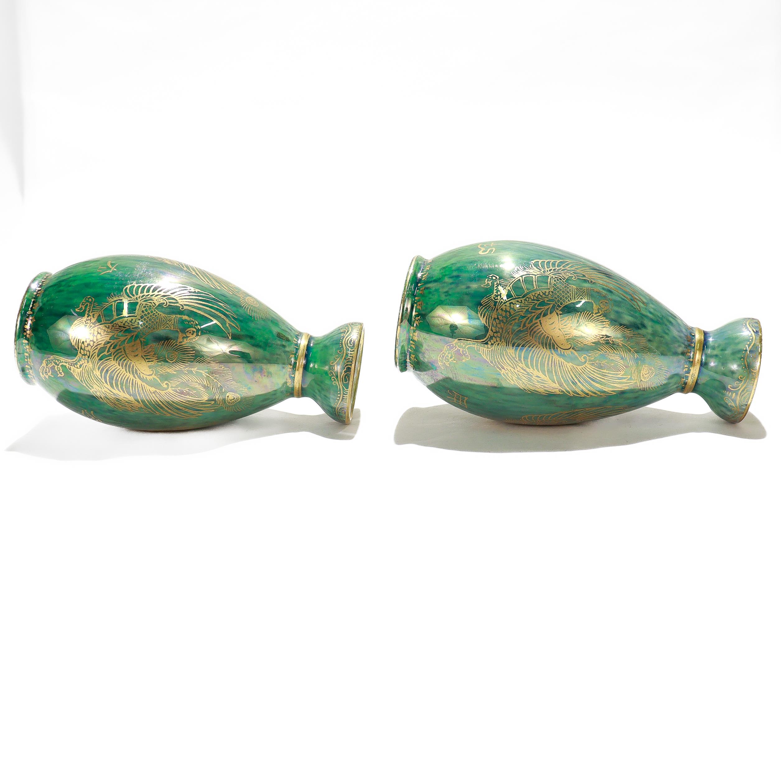 Pair of Antique Wedgwood Daisy Makeig-Jones Fairyland Green Lustre Phoenix Vases 3