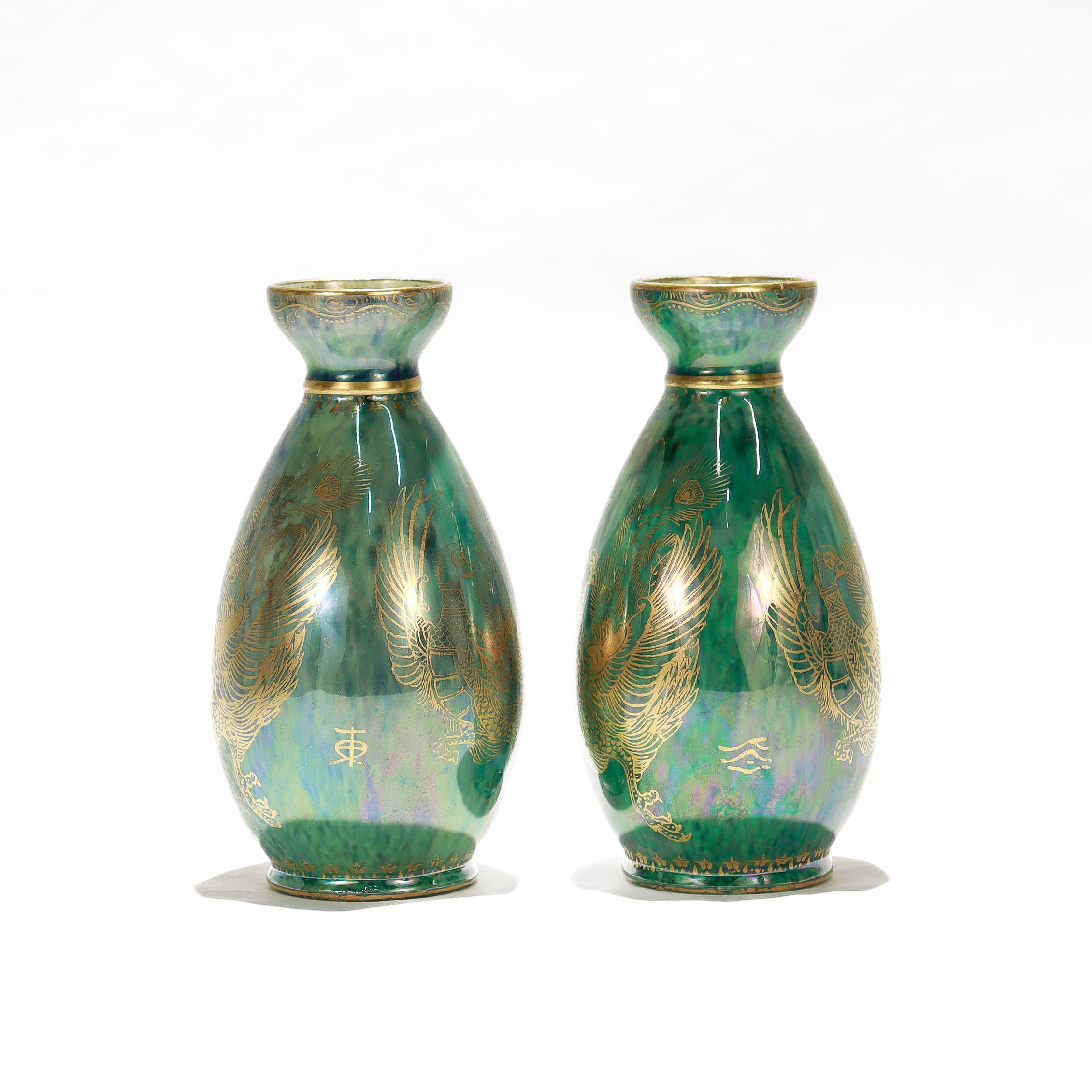 Pair of Antique Wedgwood Daisy Makeig-Jones Fairyland Green Lustre Phoenix Vases In Good Condition In Philadelphia, PA