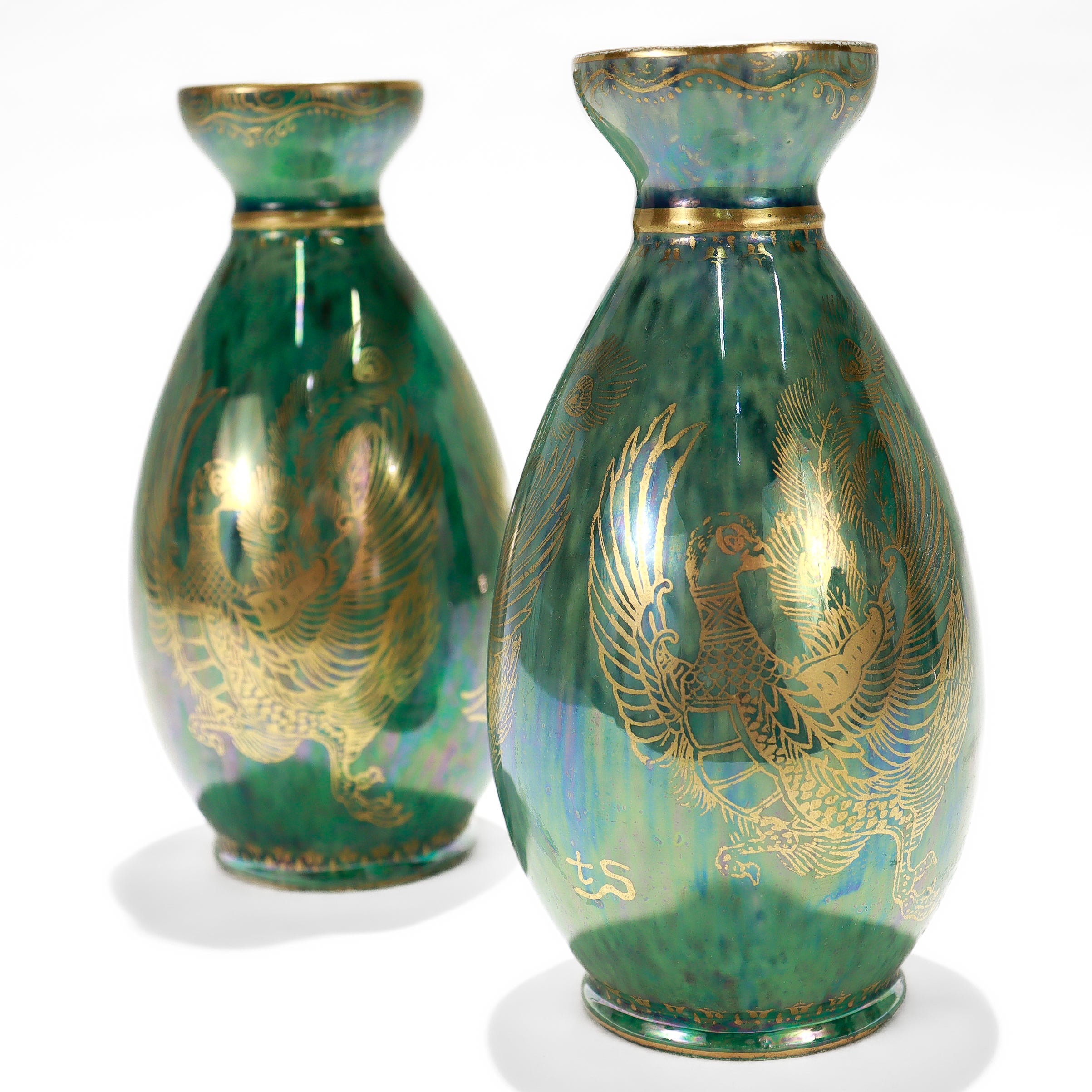 20th Century Pair of Antique Wedgwood Daisy Makeig-Jones Fairyland Green Lustre Phoenix Vases