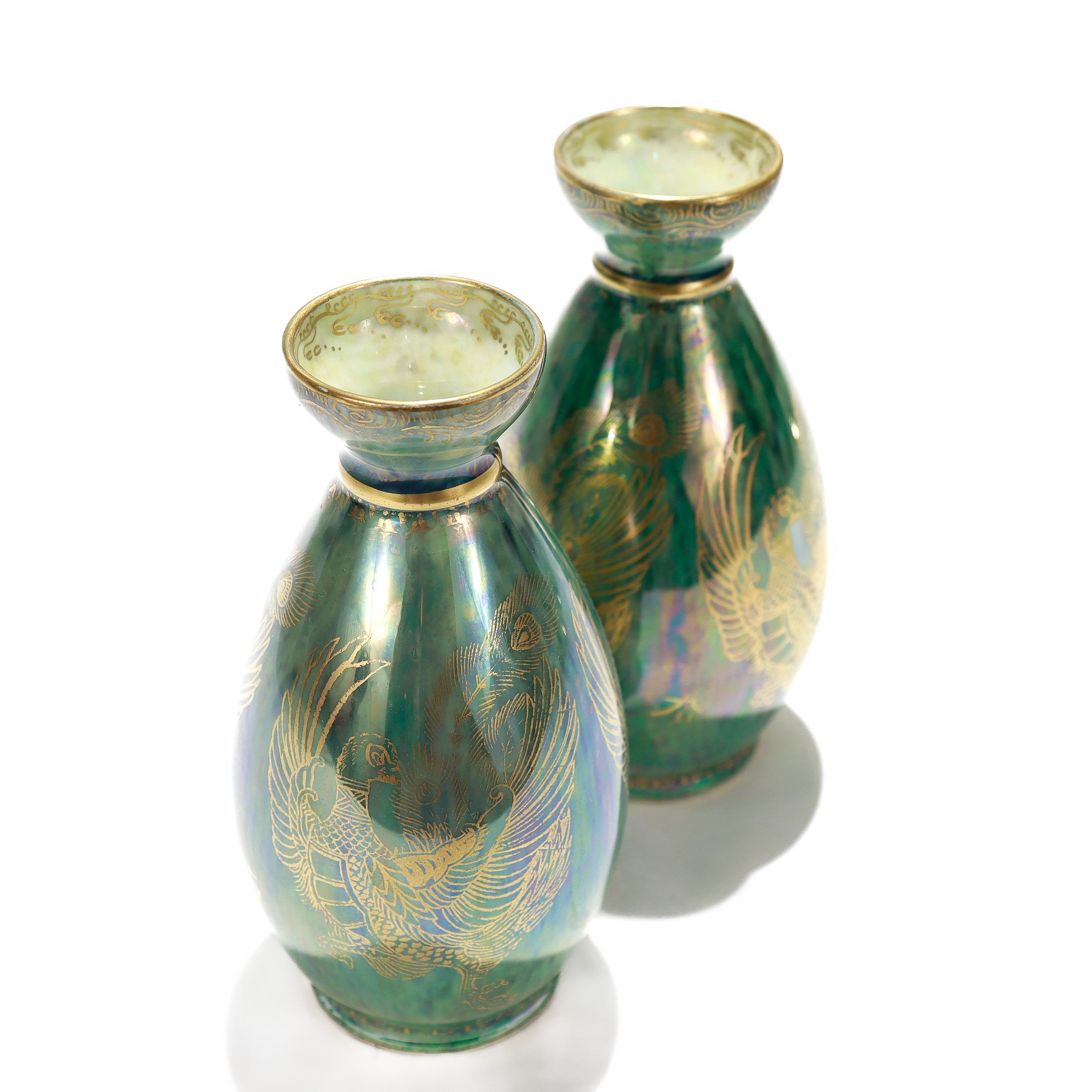 Porcelain Pair of Antique Wedgwood Daisy Makeig-Jones Fairyland Green Lustre Phoenix Vases