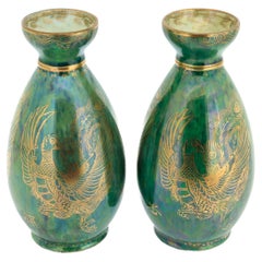 Pair of Antique Wedgwood Daisy Makeig-Jones Fairyland Green Lustre Phoenix Vases