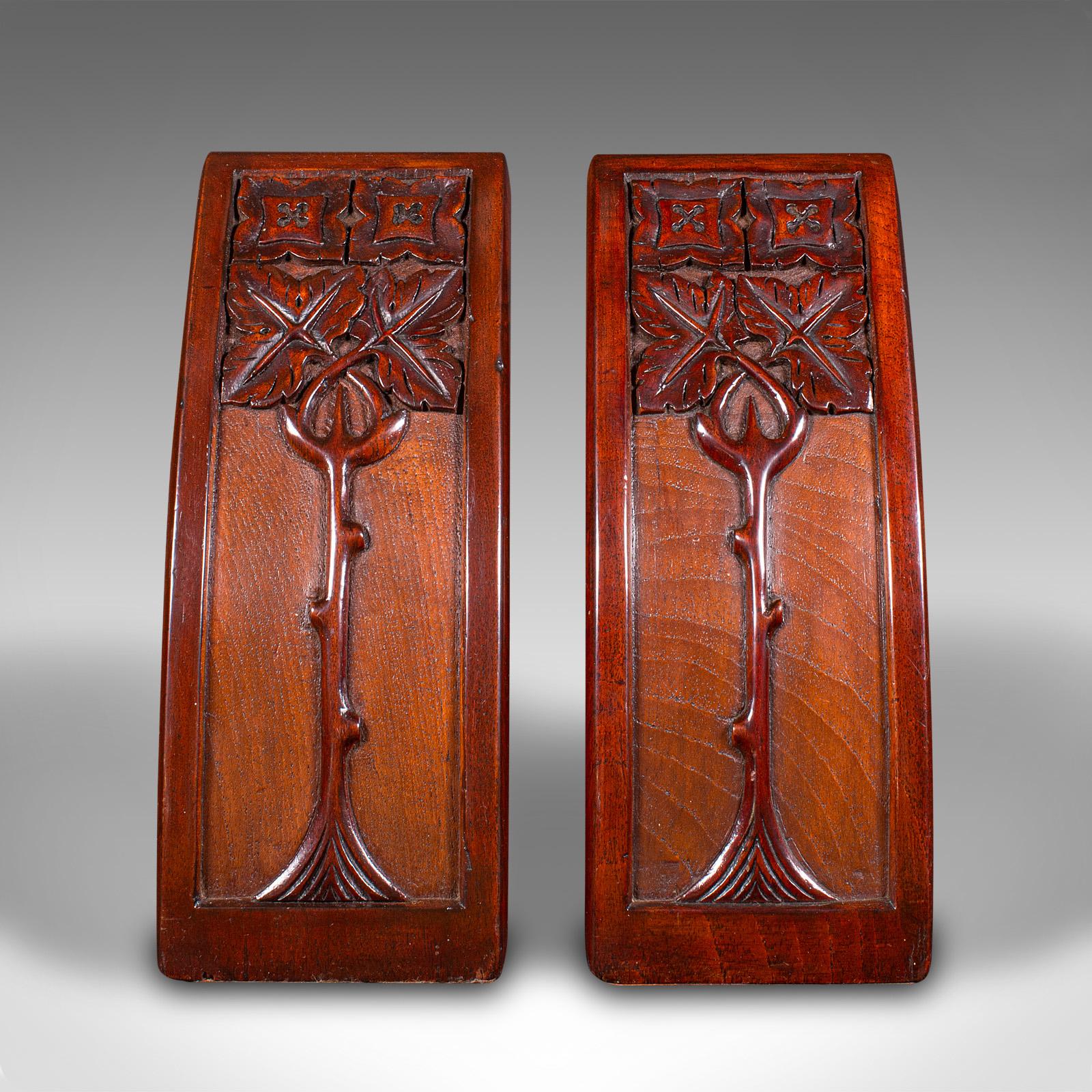 This is a large pair of antique weighted bookends. An English, mahogany carved book rest with Art Nouveau taste, dating to the Edwardian period, circa 1910.

Of wonderful form and weight, perfect for the larger book
Displaying a desirable aged