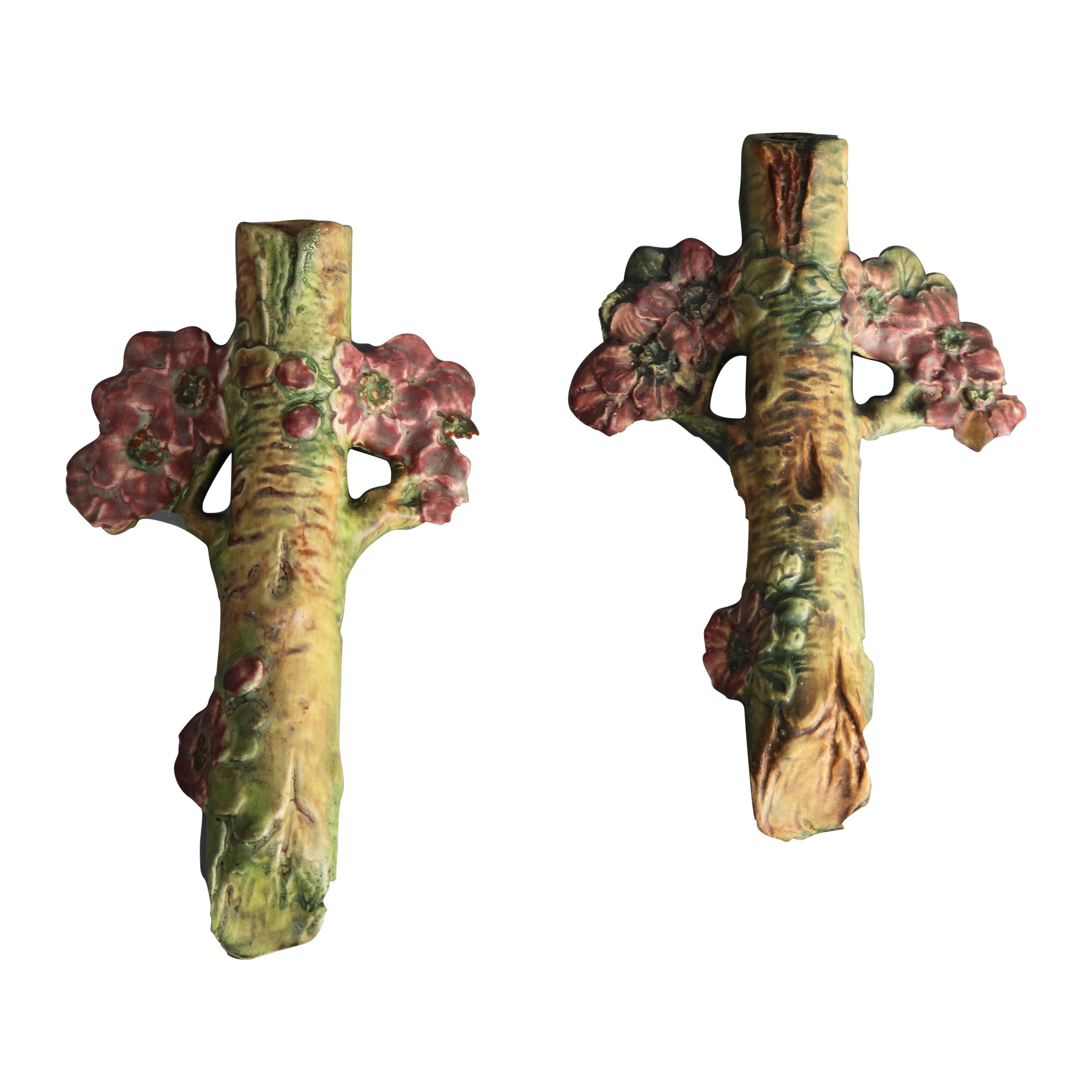 Pair of Antique Weller Woodcraft Art Pottery Apple Blossom Wall Pockets, c1930