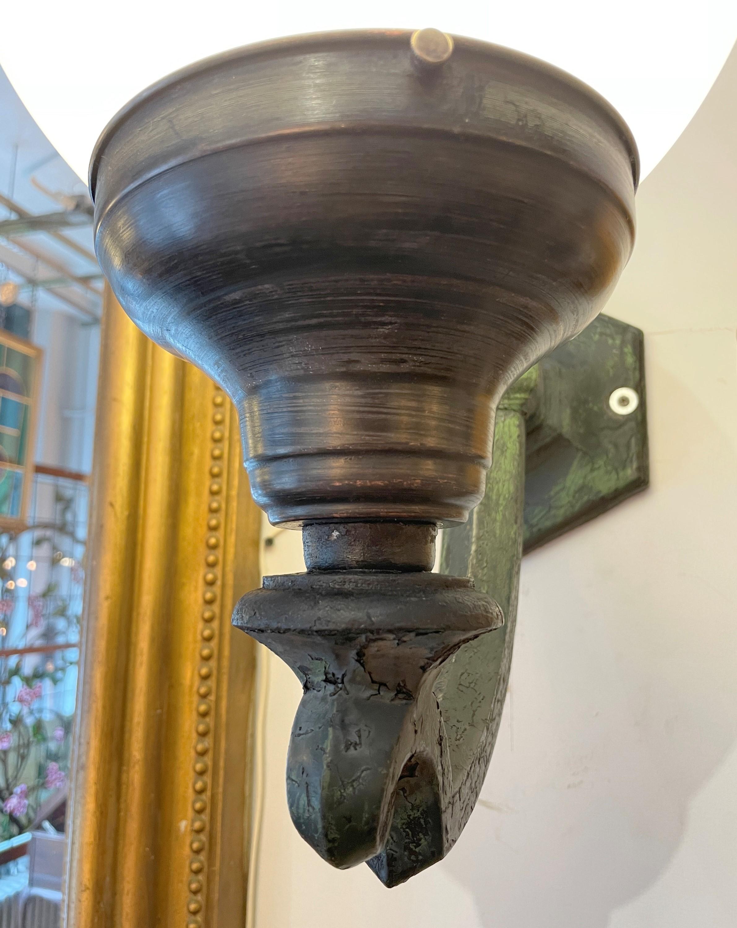 Brass Pair of Antique White Globe Cast Iron Outdoor Sconces